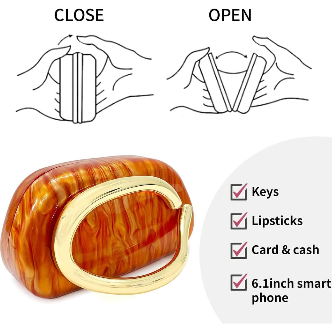 Bolso de mano acrílico naranja para mujeres con asa de metal