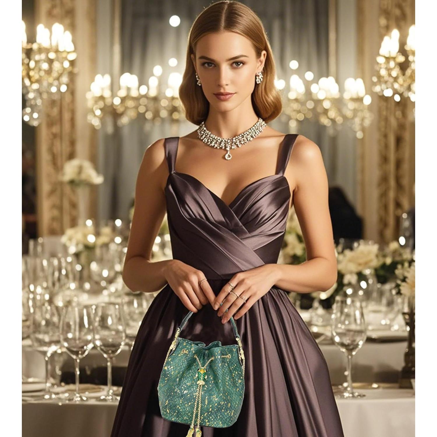 Bolso Clutch de Noche Brillante Rhinestone Verde Oscuro 16.76x10.92cm