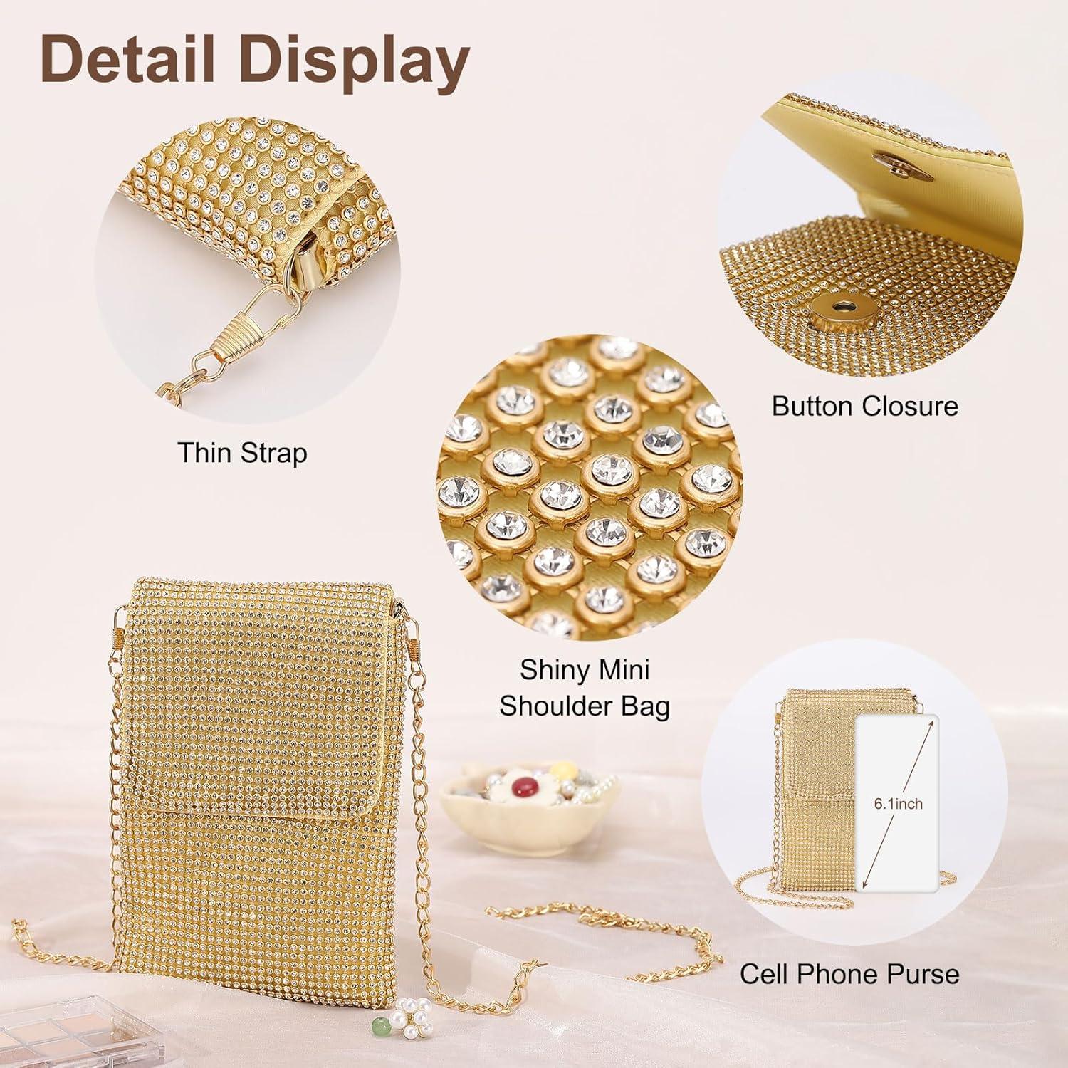 Bolso Clutch de Noche Dorado DTGN con Rhinestones 12x2x18cm