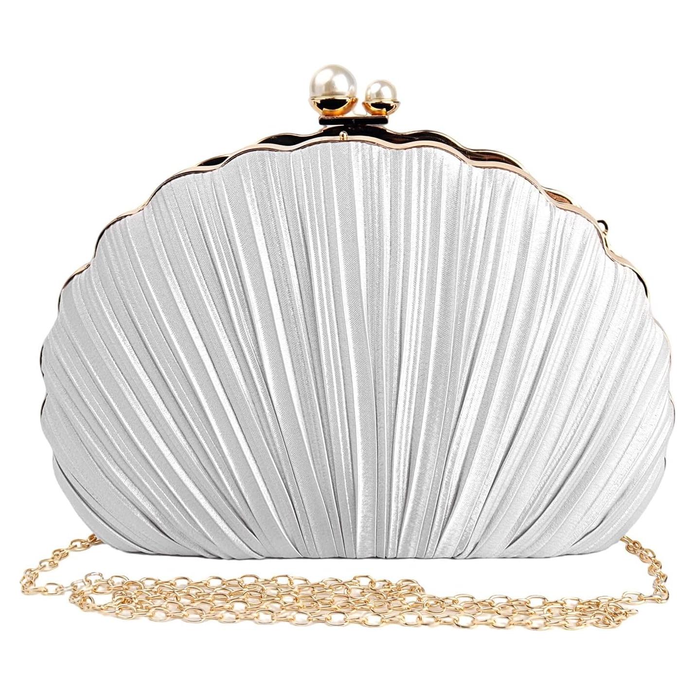 Bolso de Noche Mini Plisado Concha Plata para Mujeres 27x7x17cm
