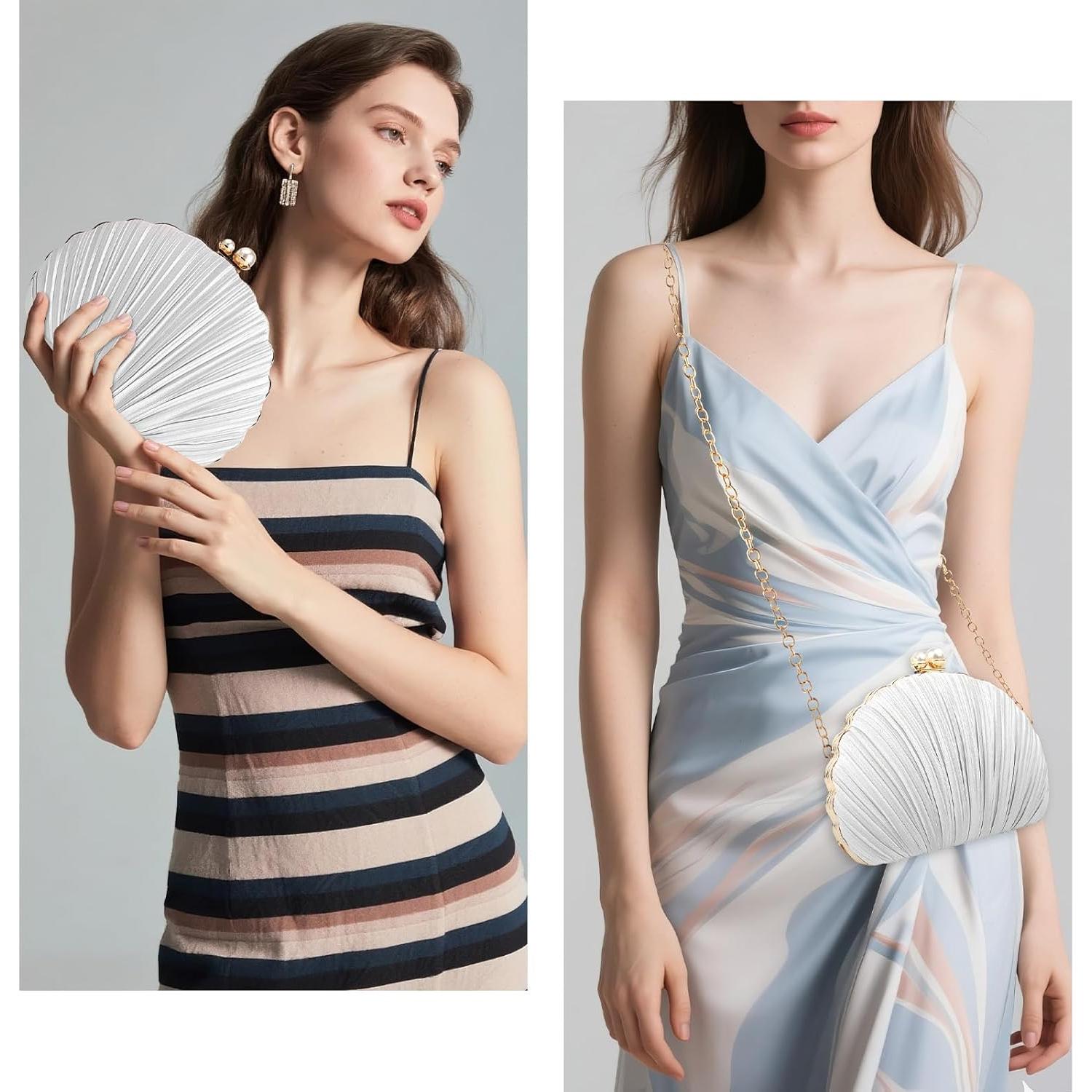 Bolso de Noche Mini Plisado Concha Plata para Mujeres 27x7x17cm