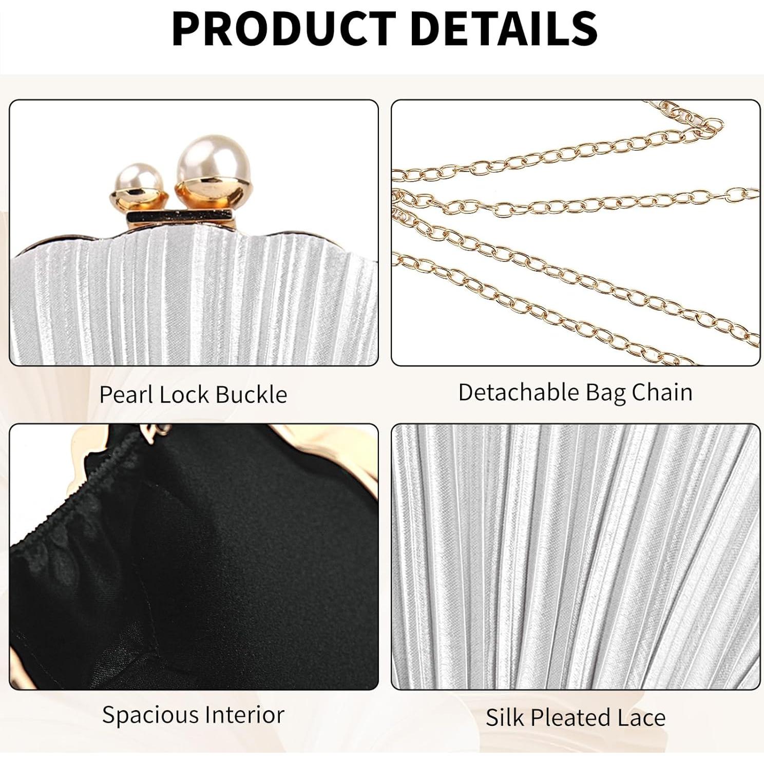 Bolso de Noche Mini Plisado Concha Plata para Mujeres 27x7x17cm