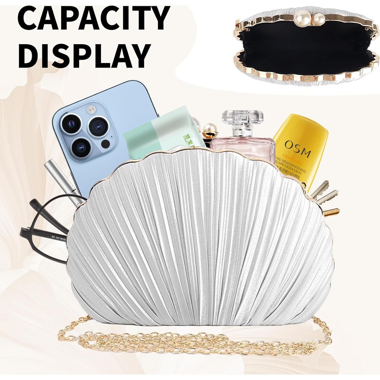 Bolso de Noche Mini Plisado Concha Plata para Mujeres 27x7x17cm