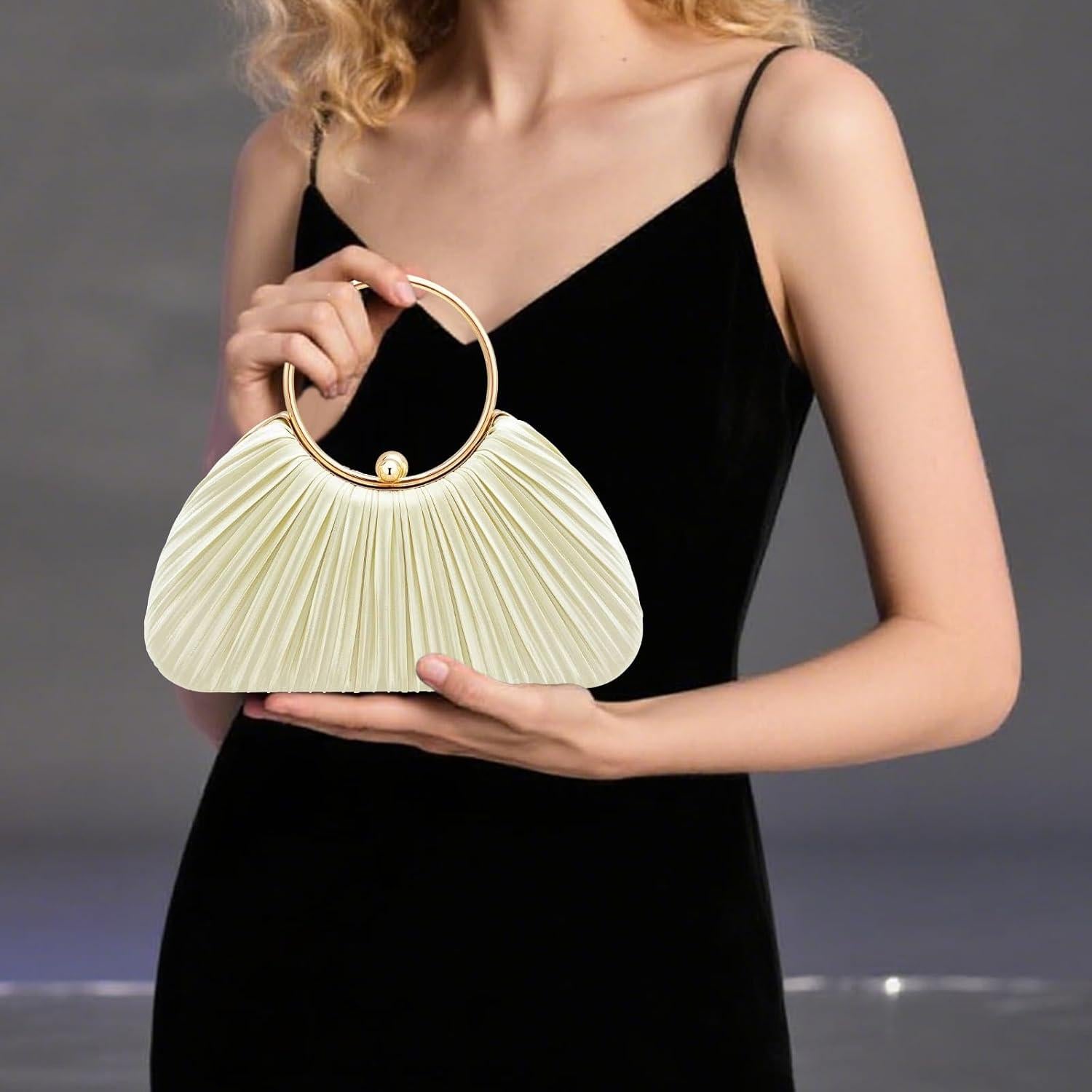 Bolso Clutch de Seda Plisada para Mujeres - Beige - 22.8x6x19cm