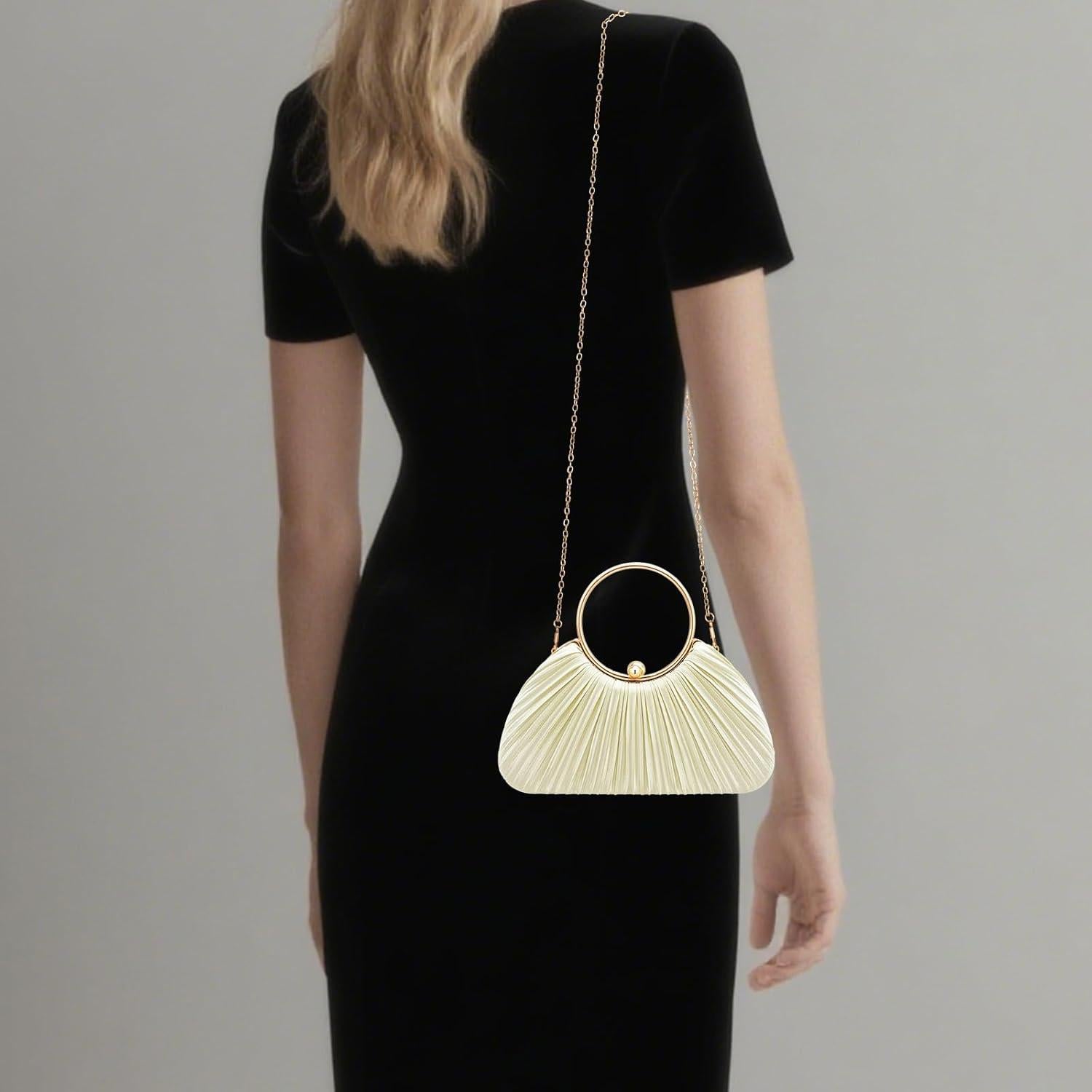 Bolso Clutch de Seda Plisada para Mujeres - Beige - 22.8x6x19cm