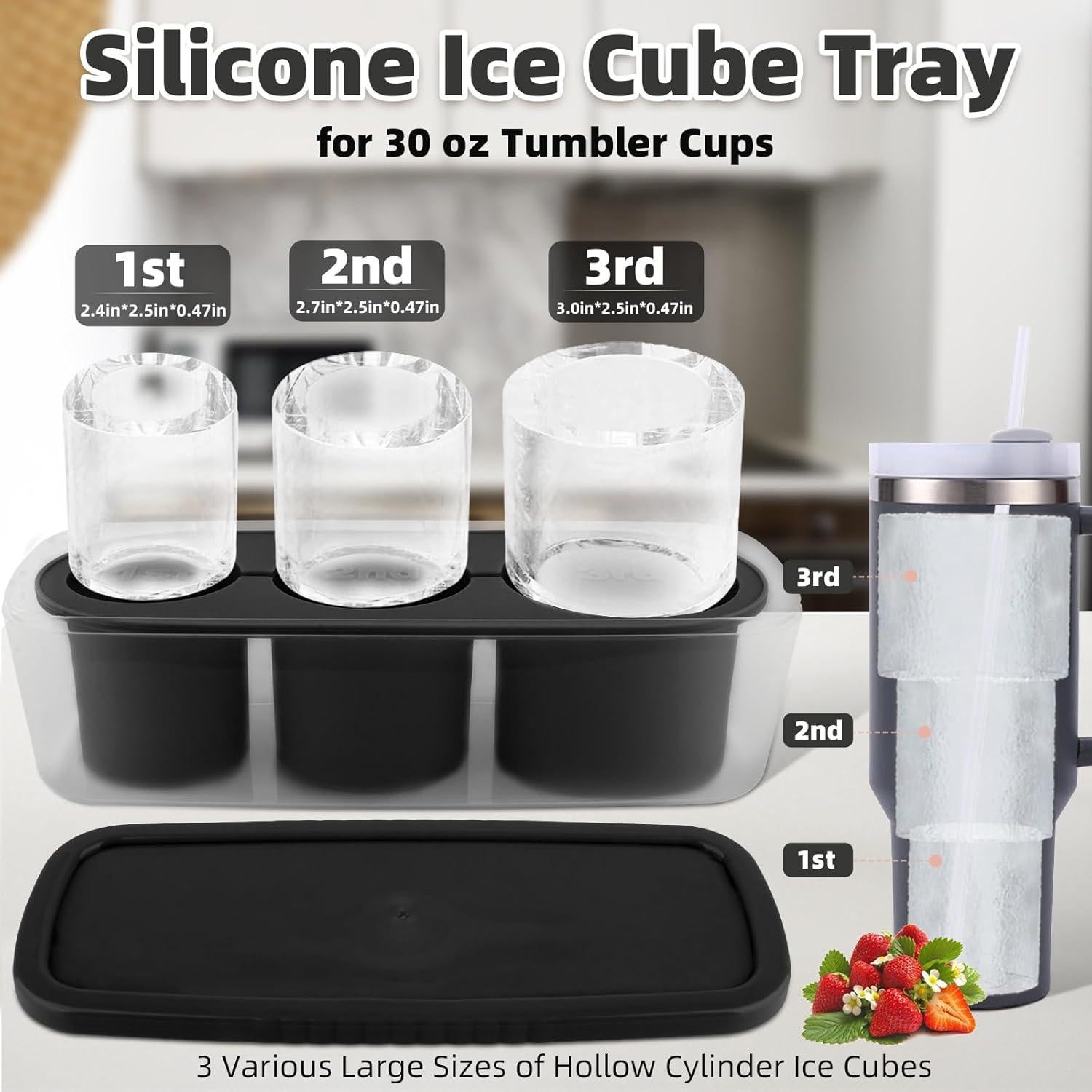 Tcamp Ice Mold for 30 oz Tumbler Cup, Silicone Ice Cube Tray With Lid and Bin for Freezer, Ice Ring Ice Maker for Chilling Cocktails, Whiskey, Drinks, Coffee, Easy Fill and Release (Black)