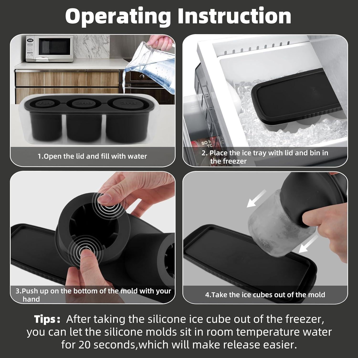 Tcamp Ice Mold for 30 oz Tumbler Cup, Silicone Ice Cube Tray With Lid and Bin for Freezer, Ice Ring Ice Maker for Chilling Cocktails, Whiskey, Drinks, Coffee, Easy Fill and Release (Black)