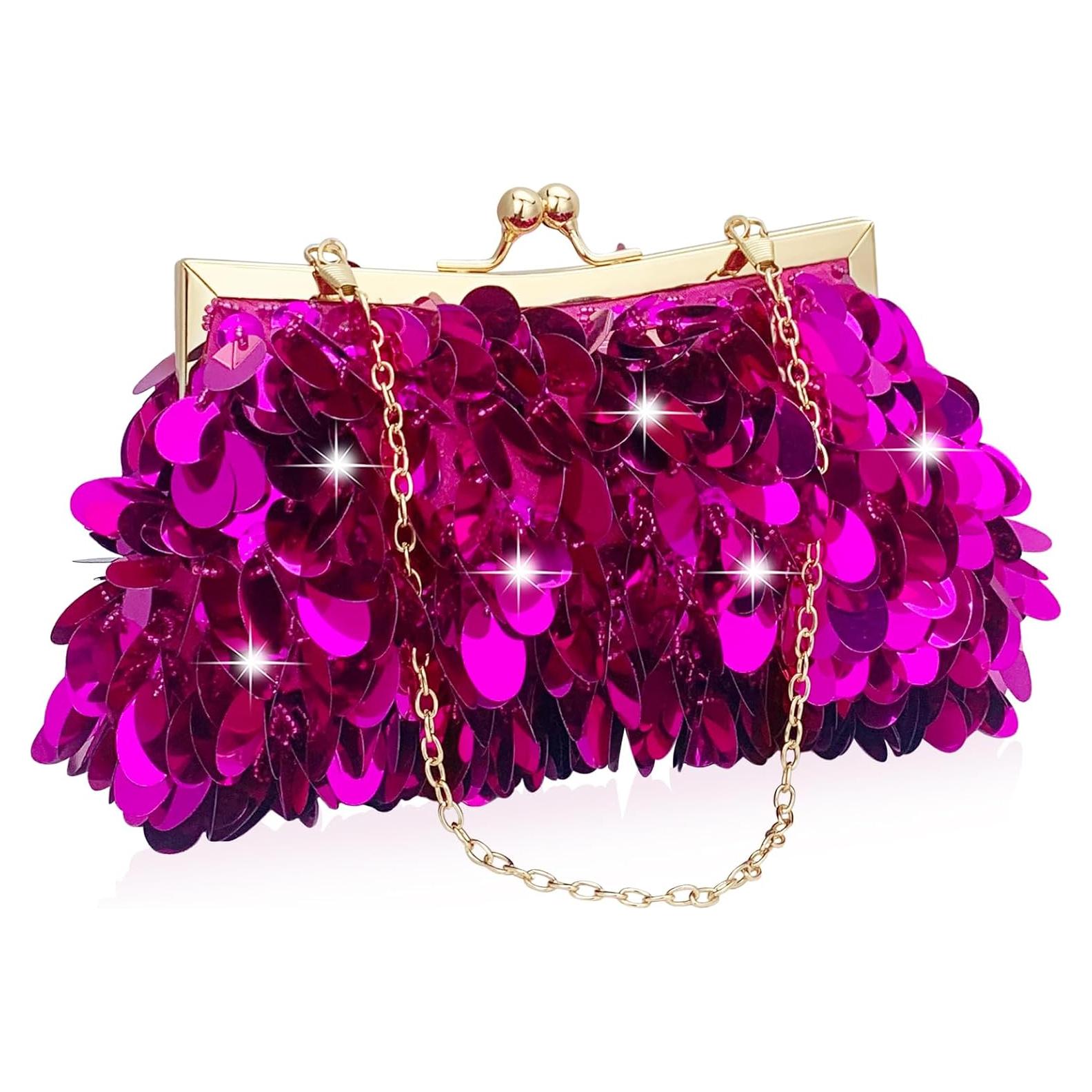 Cartera de Noche KOLODOGO Rosa Fucsia con Lentejuelas 20.3x15.2cm