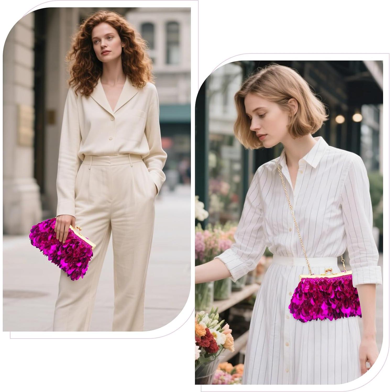 Cartera de Noche KOLODOGO Rosa Fucsia con Lentejuelas 20.3x15.2cm