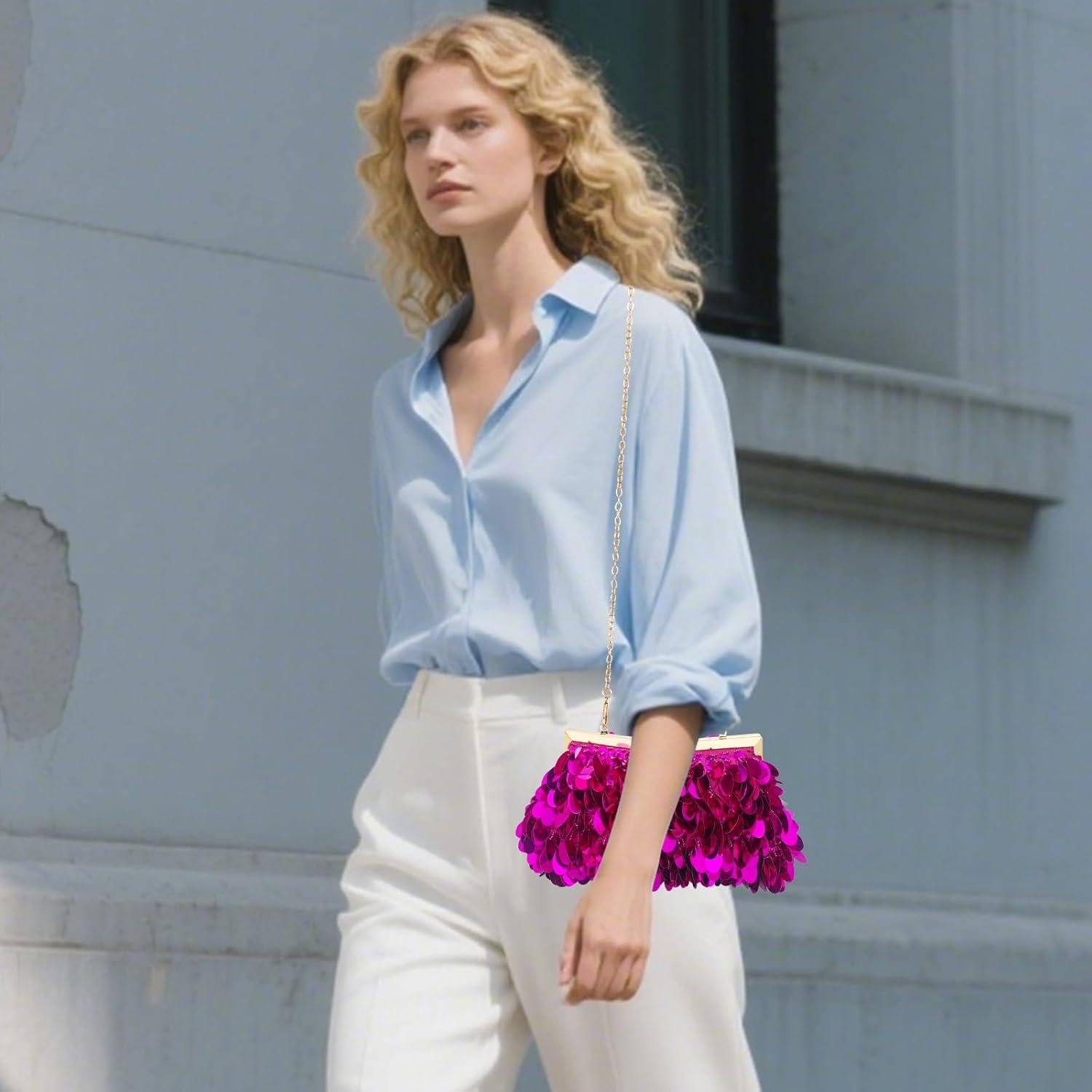 Cartera de Noche KOLODOGO Rosa Fucsia con Lentejuelas 20.3x15.2cm