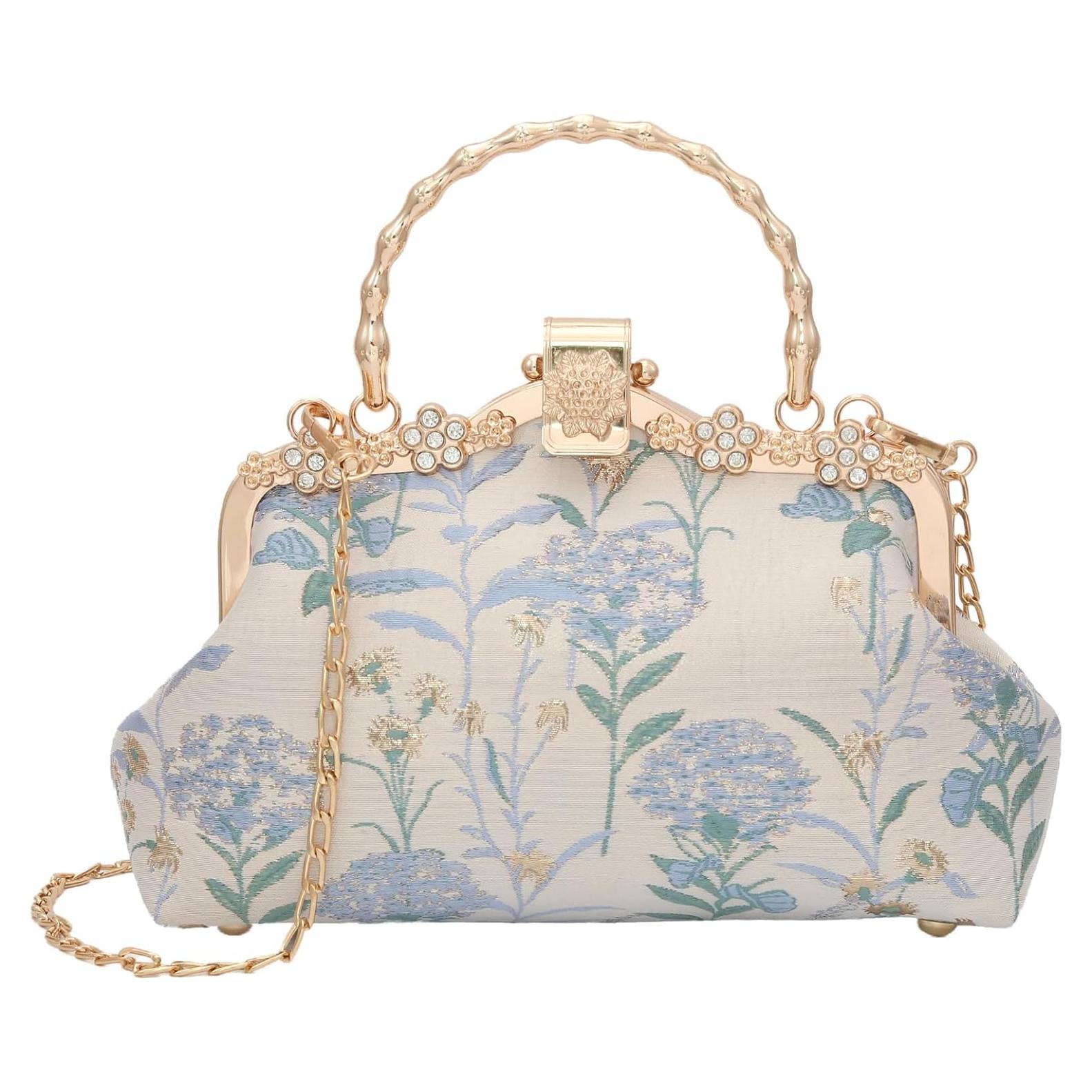 Bolso de Noche YEBON Clutch Bordado Floral Azul 25x17cm