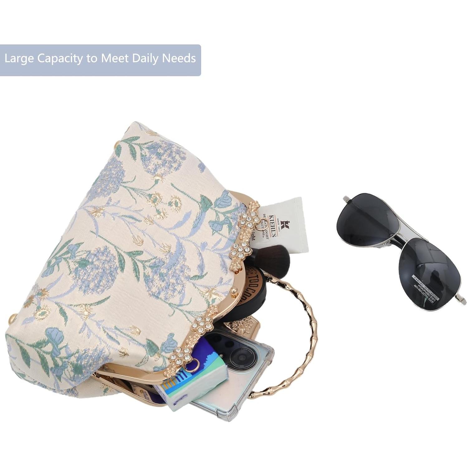 Bolso de Noche YEBON Clutch Bordado Floral Azul 25x17cm