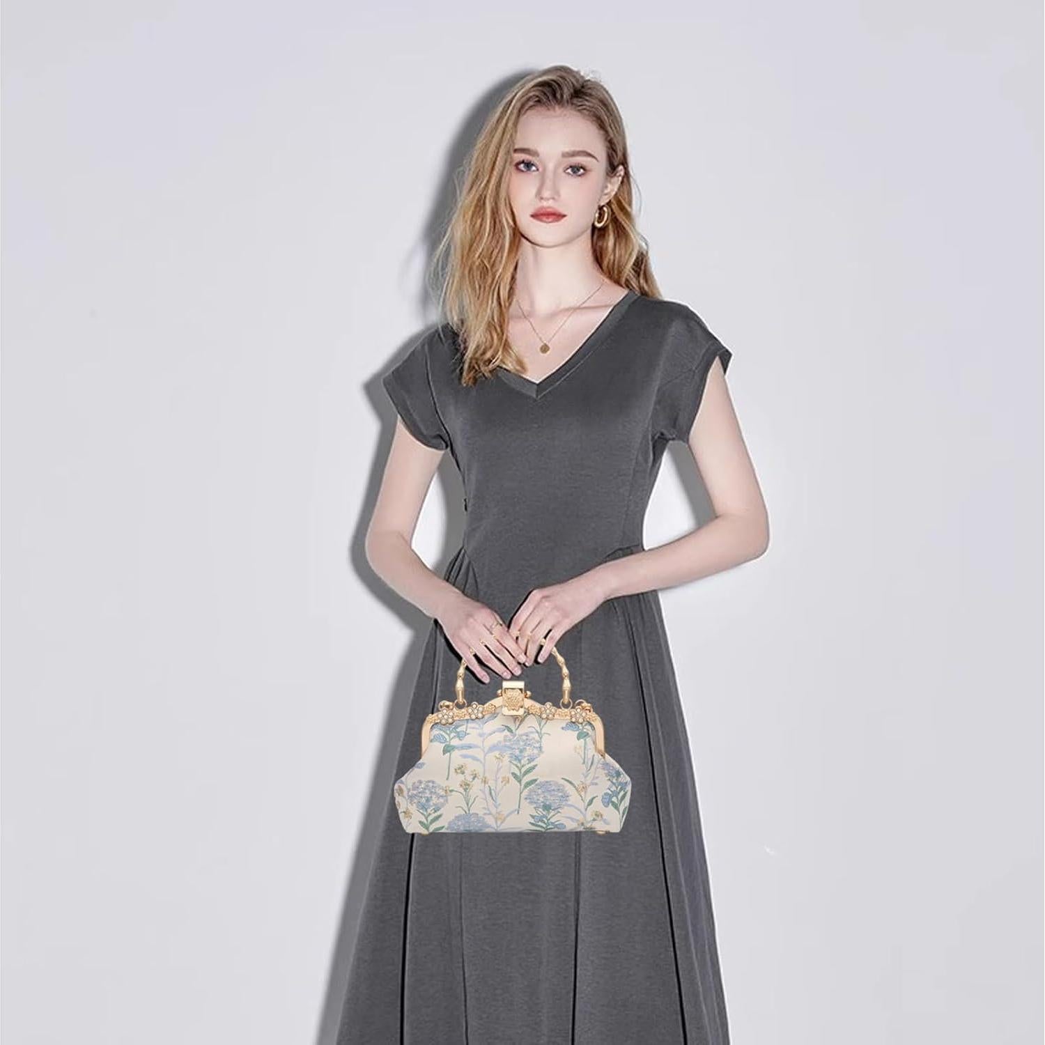 Bolso de Noche YEBON Clutch Bordado Floral Azul 25x17cm