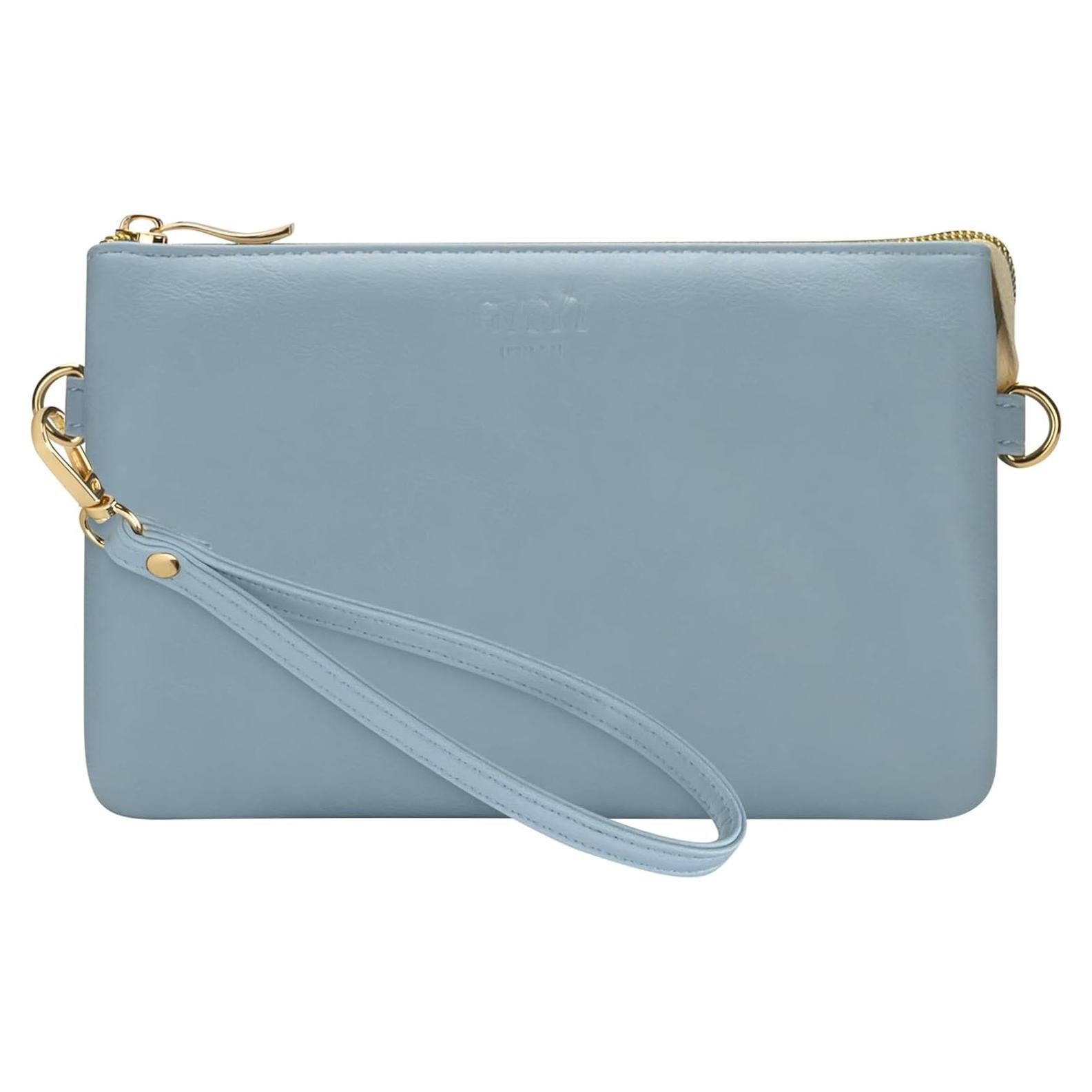 Bolso de muñeca de cuero vegano azul claro con cremallera