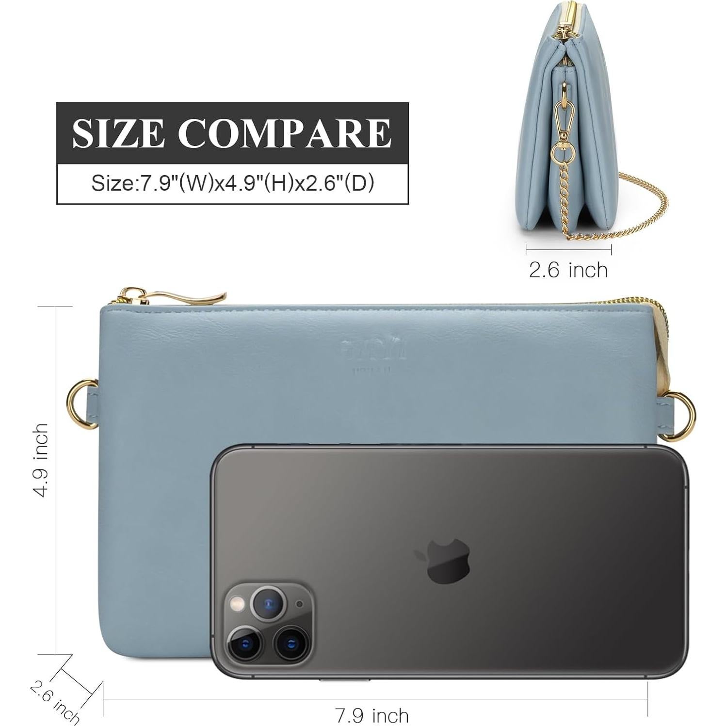 Bolso de muñeca de cuero vegano azul claro con cremallera