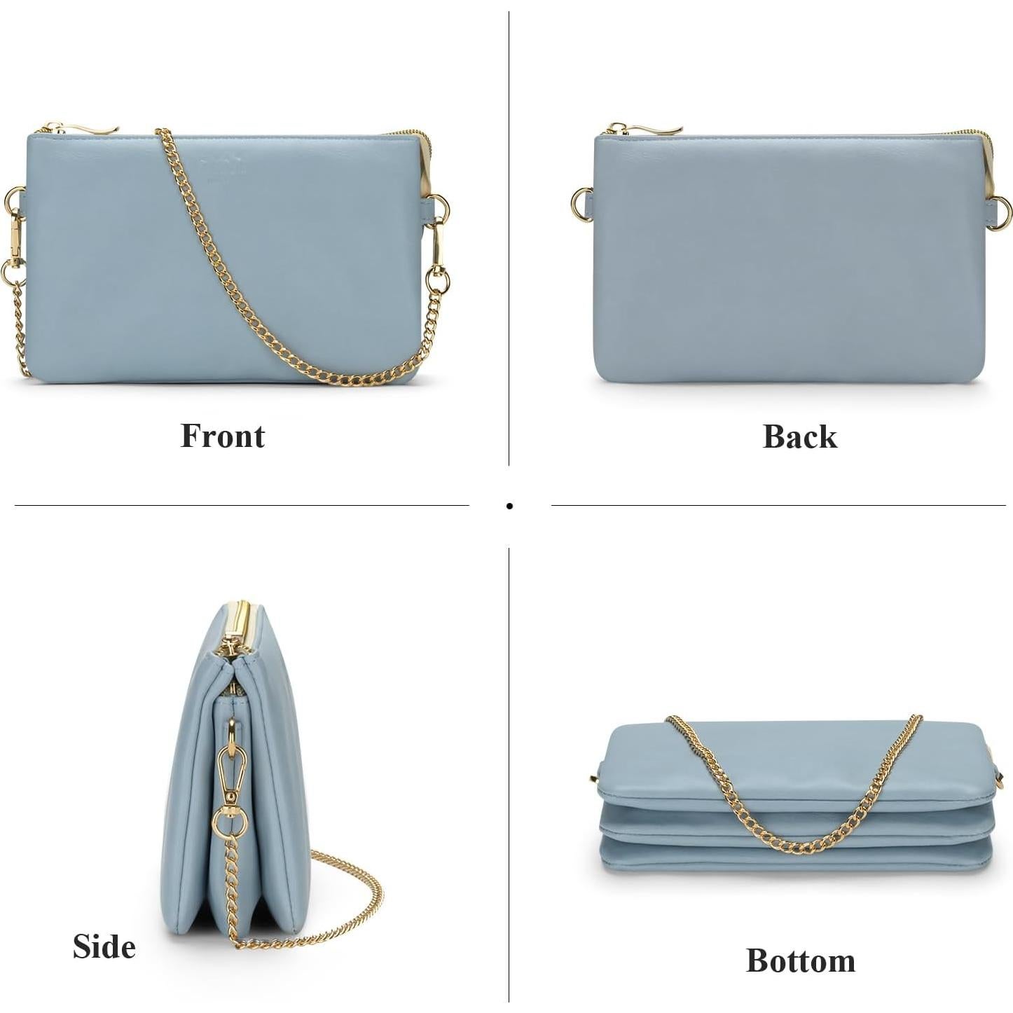 Bolso de muñeca de cuero vegano azul claro con cremallera