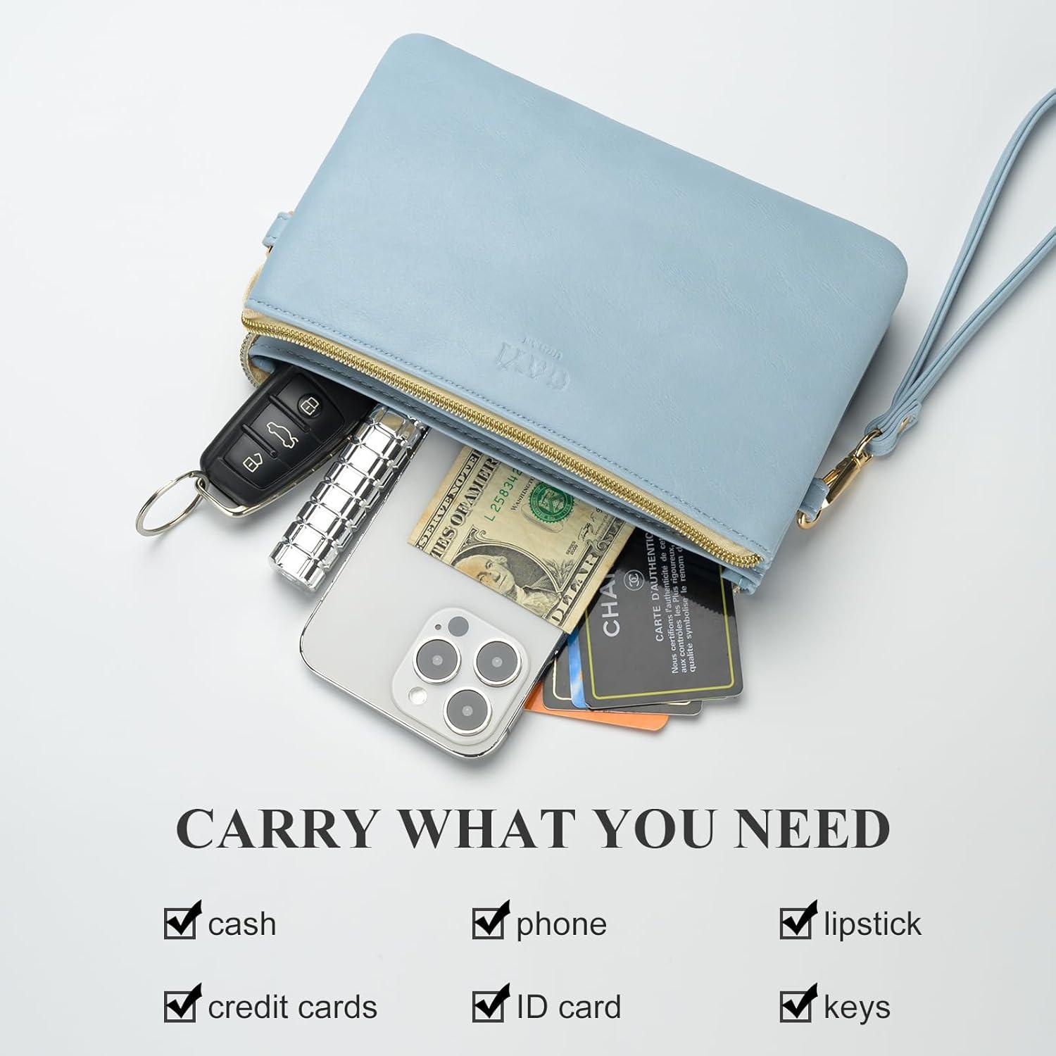 Bolso de muñeca de cuero vegano azul claro con cremallera