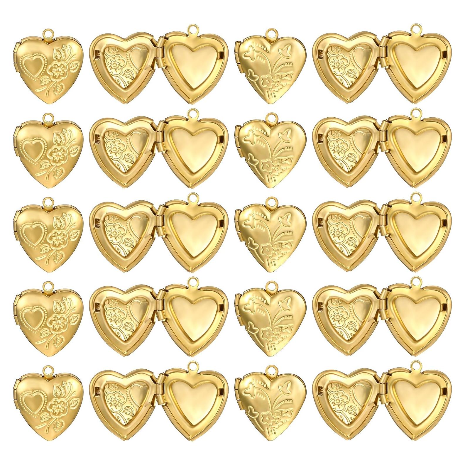 20 Encantos de Locket Corazón Dorado para Joyería DIY