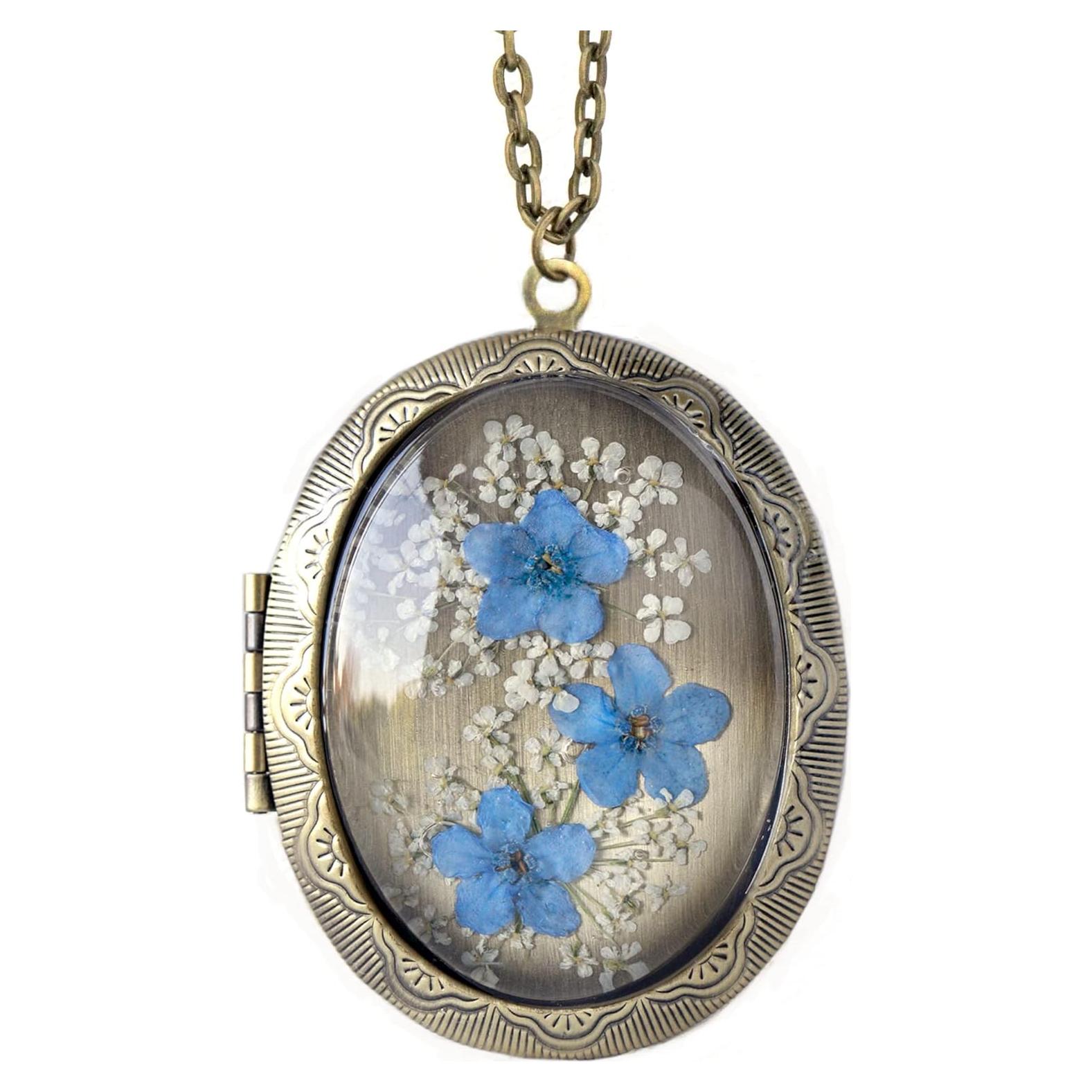 Collar colgante de flores prensadas hecho a mano con cierre de bronce