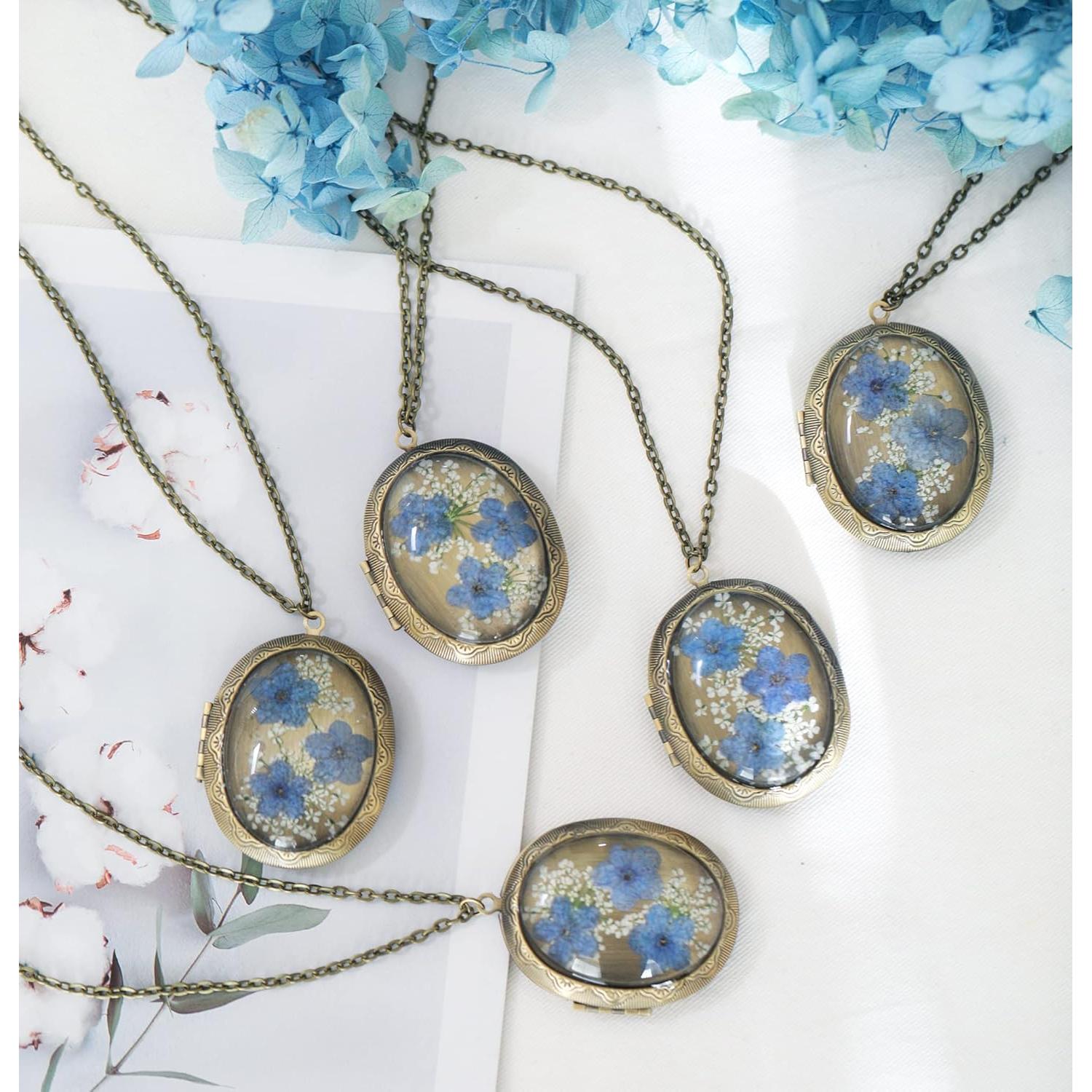 Collar colgante de flores prensadas hecho a mano con cierre de bronce
