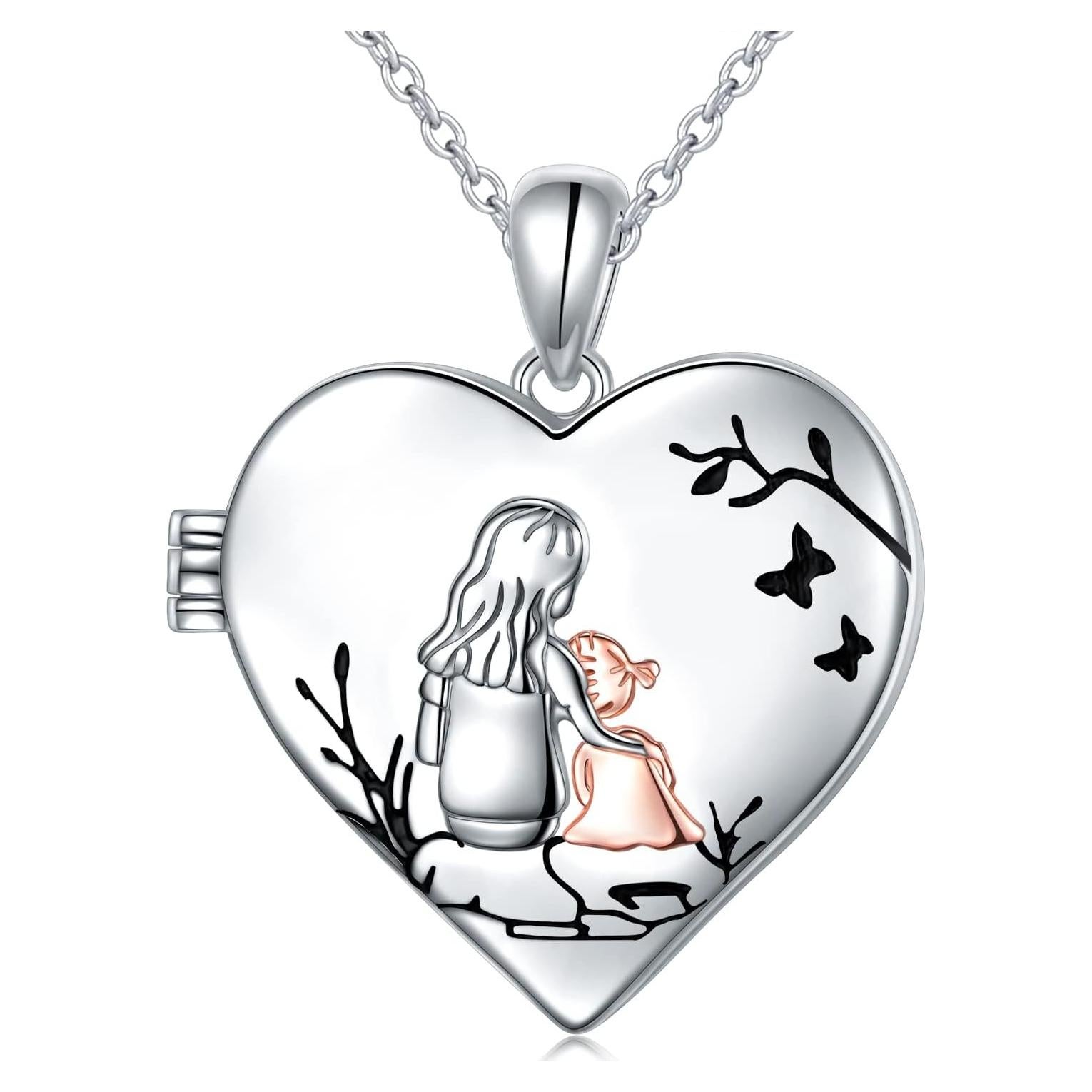 Collar Locket Corazón Plata de Ley S925 Madre e Hija