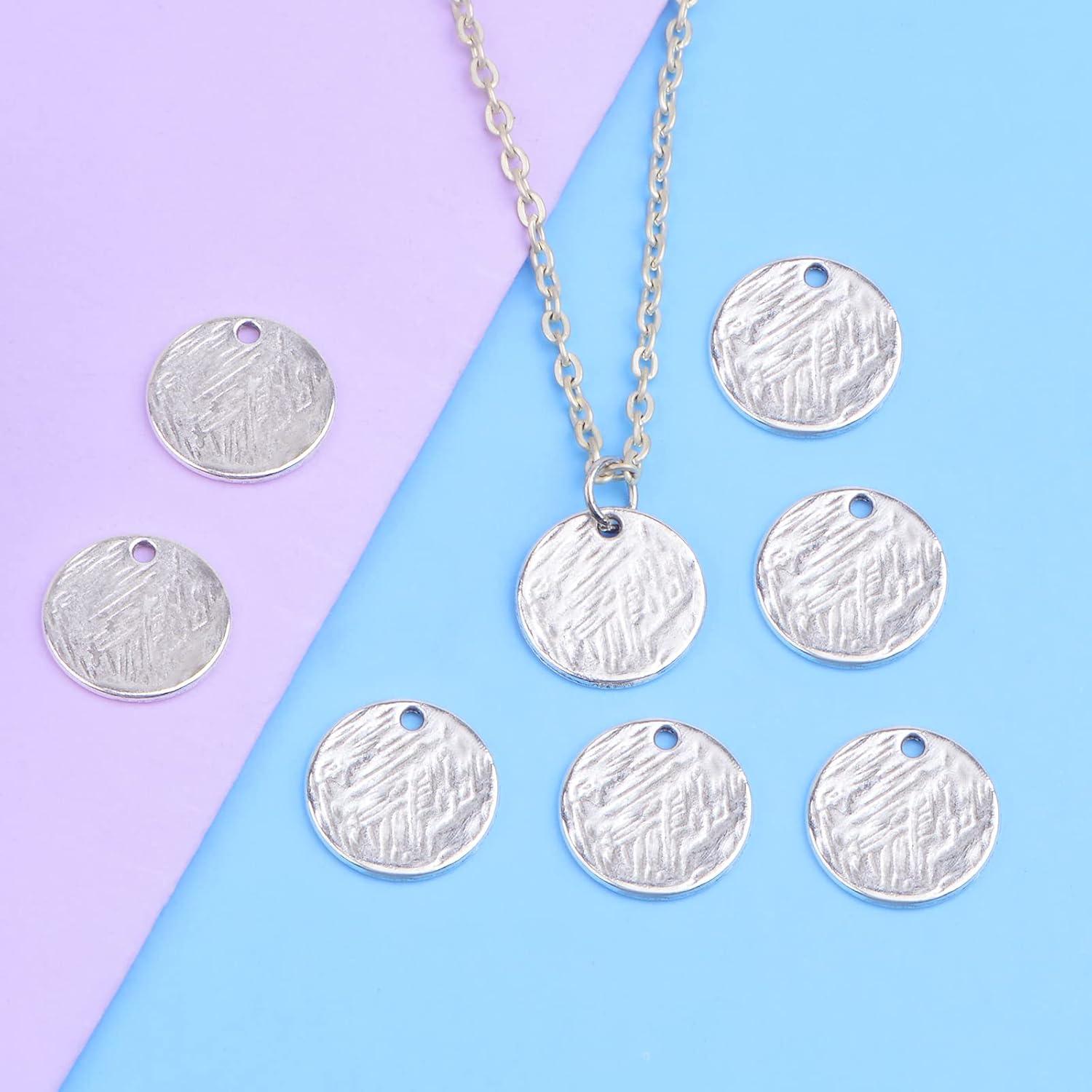 60 Piezas Encantos de Disco Redondo Plano Plata Antigua 15mm