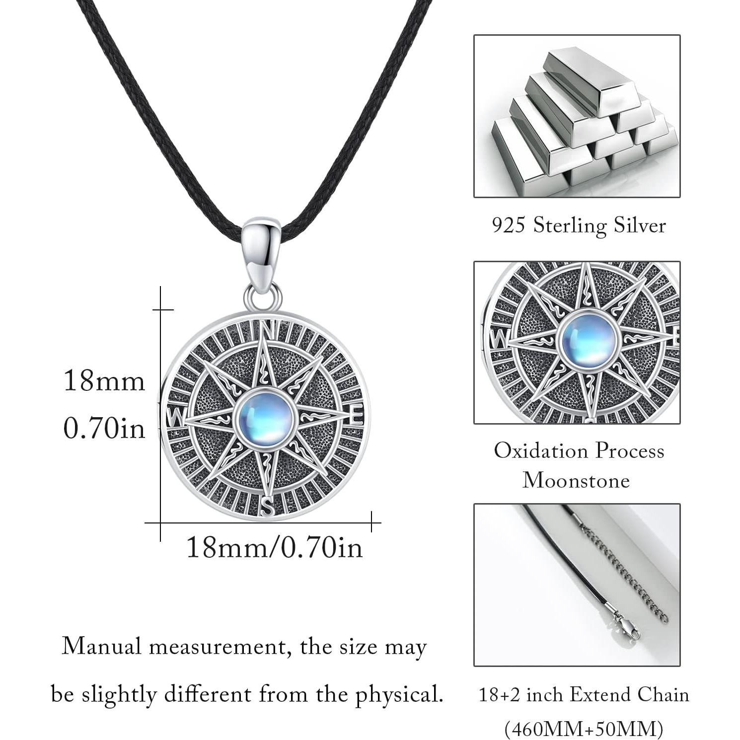 Collar de Medallón de Plata Esterlina 925 Brújula 1.9 cm