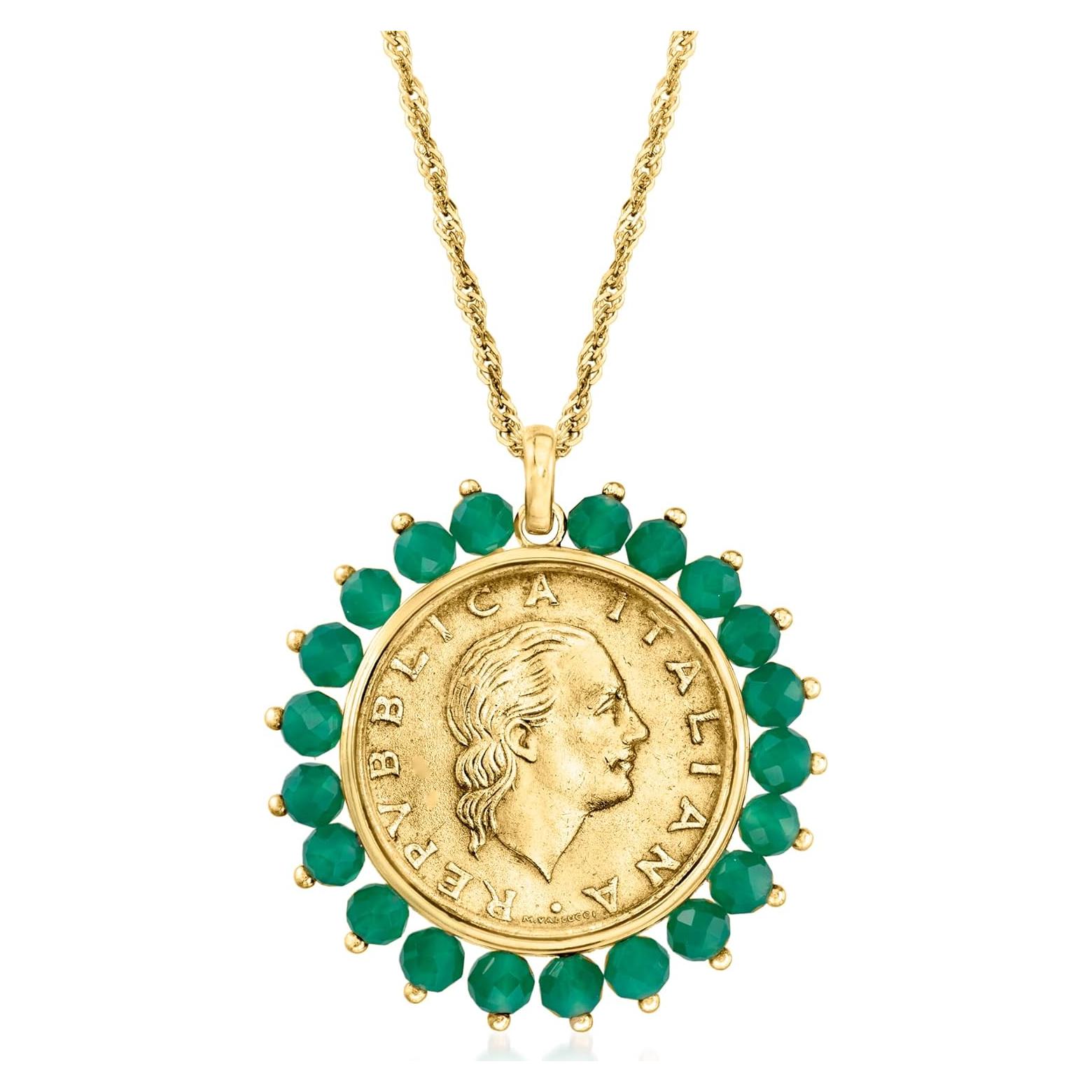 Colgante de medallón de 200 liras en oro 18k y ágata verde