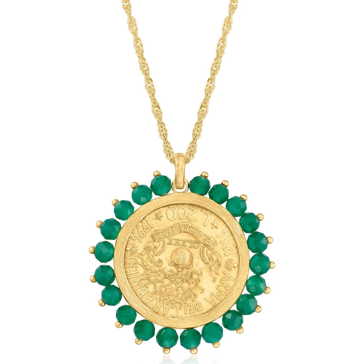 Colgante de medallón de 200 liras en oro 18k y ágata verde