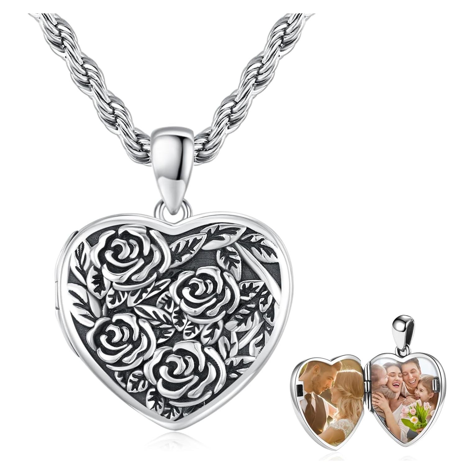 Collar Locket de Plata Esterlina 925 Corazón Rosa 20mm