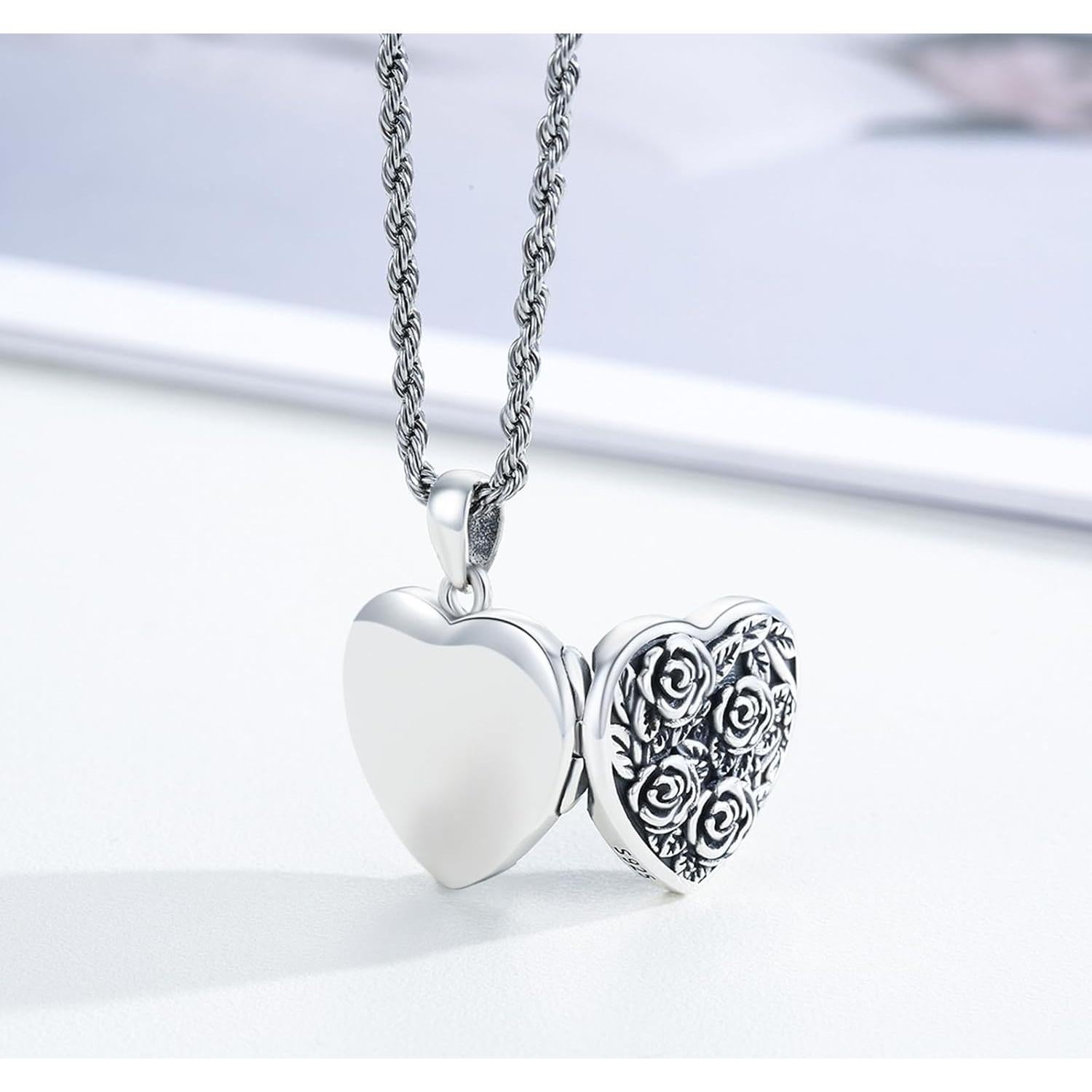 Collar Locket de Plata Esterlina 925 Corazón Rosa 20mm