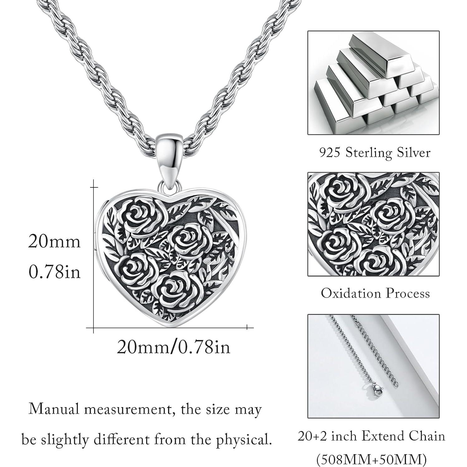 Collar Locket de Plata Esterlina 925 Corazón Rosa 20mm