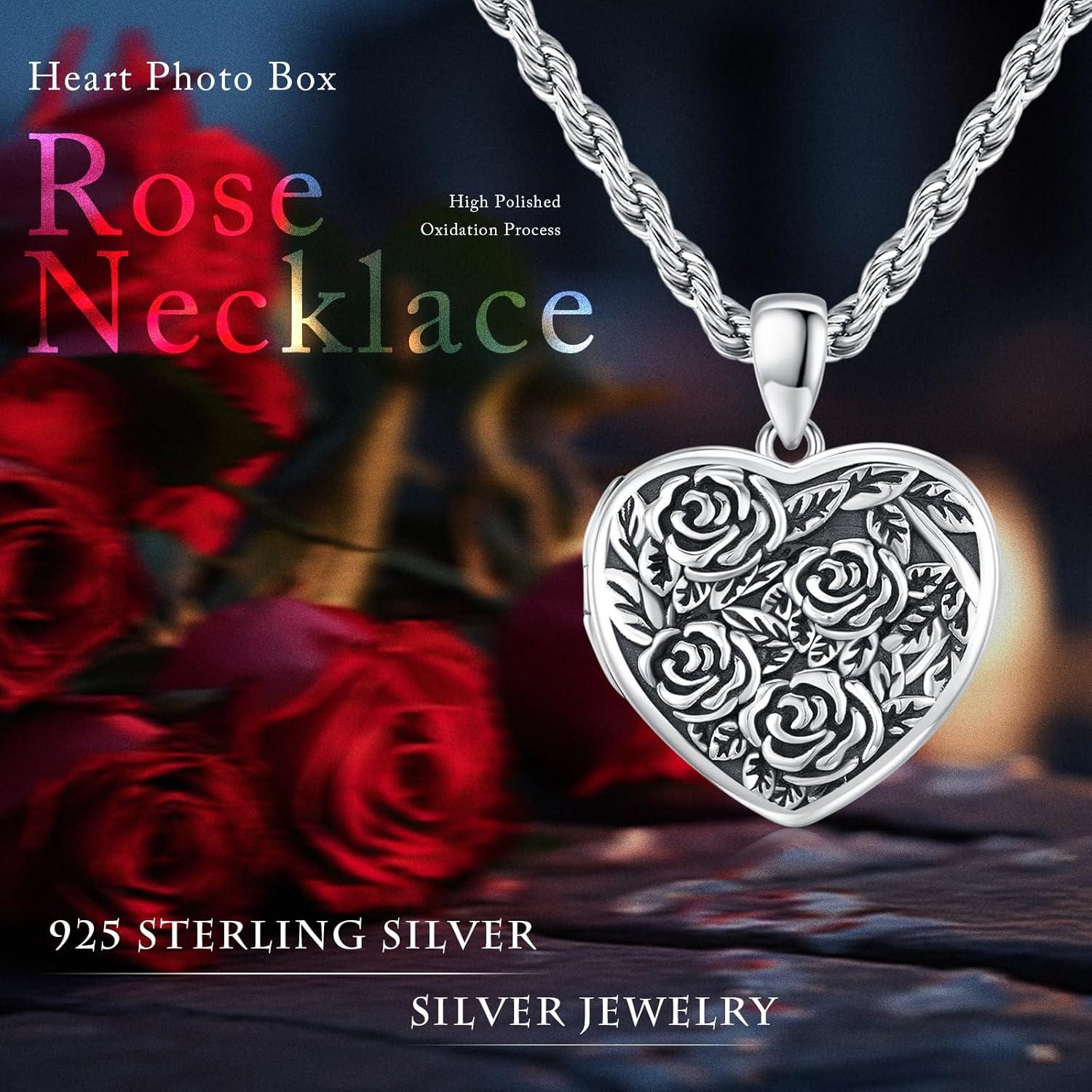 Collar Locket de Plata Esterlina 925 Corazón Rosa 20mm