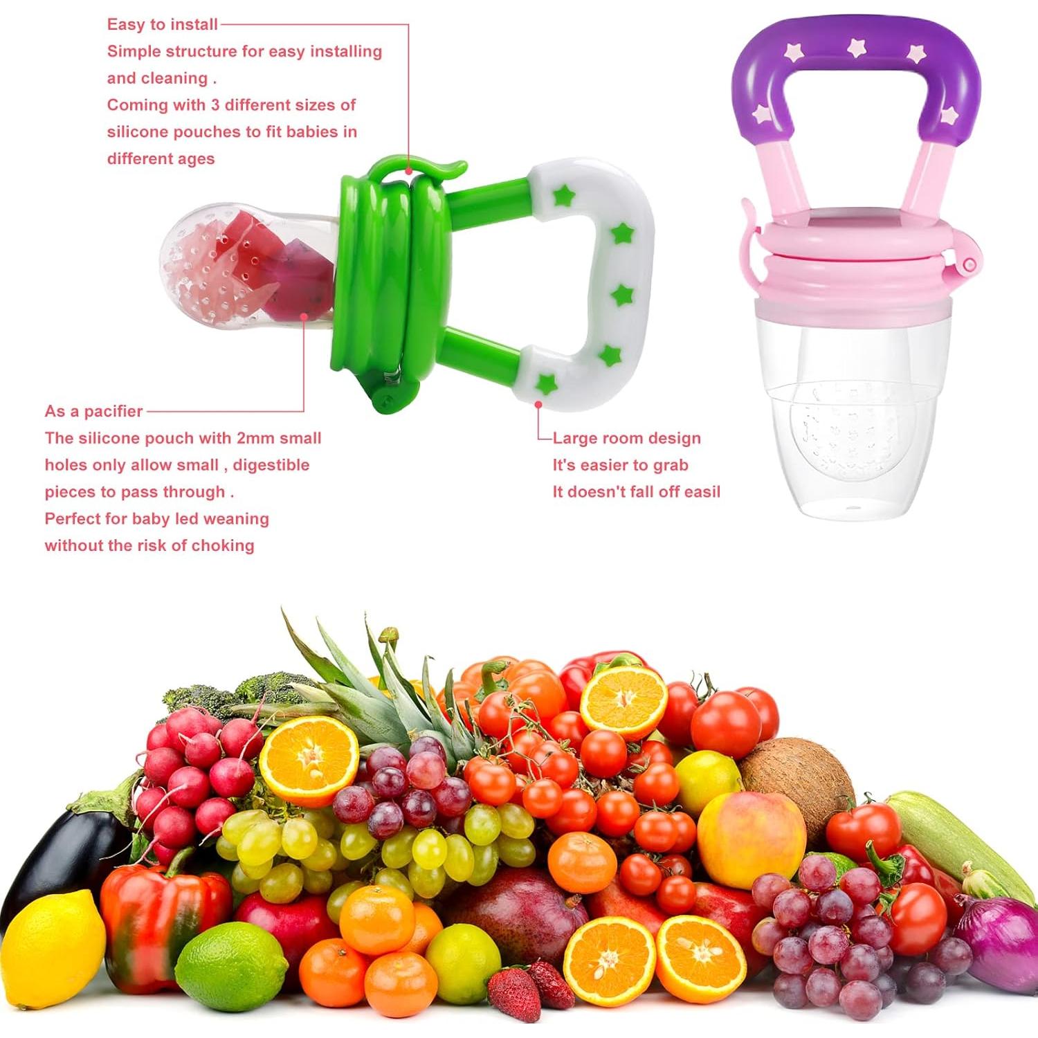 Alimentador de Comida para Bebé Welcoyo Rosa 3 Pcs + 6 Chupetes