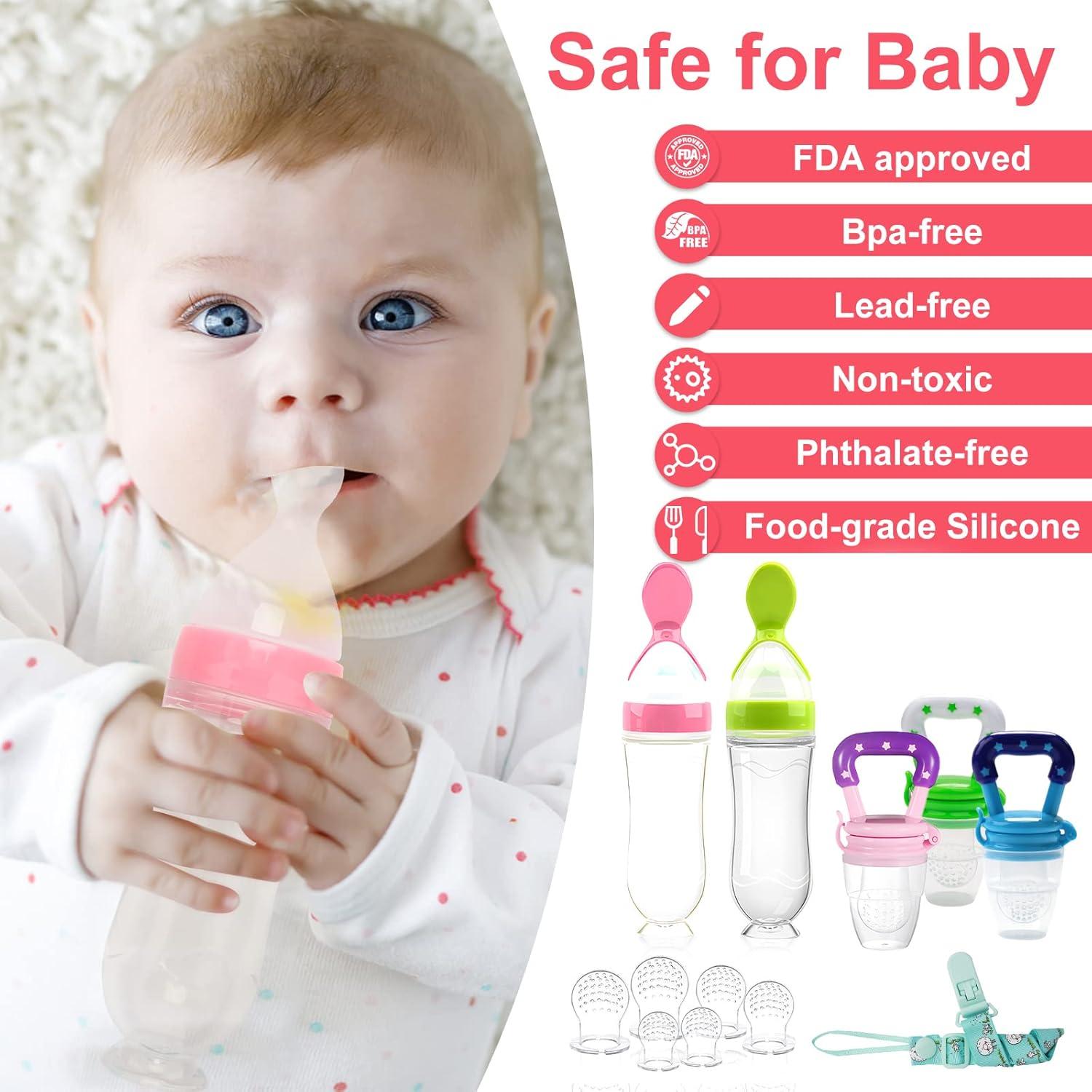 Alimentador de Comida para Bebé Welcoyo Rosa 3 Pcs + 6 Chupetes