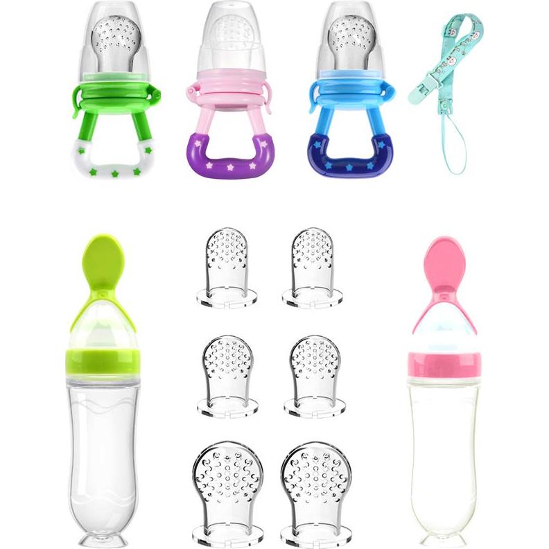 Alimentador de Comida para Bebé Welcoyo Rosa 3 Pcs + 6 Chupetes