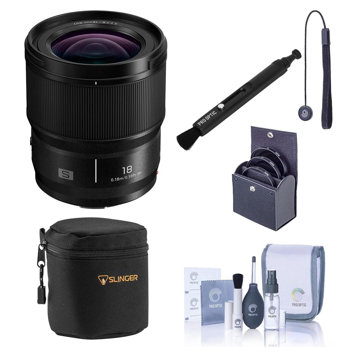 Objetivo Panasonic LUMIX S 18mm f/1.8 con accesorios y filtros