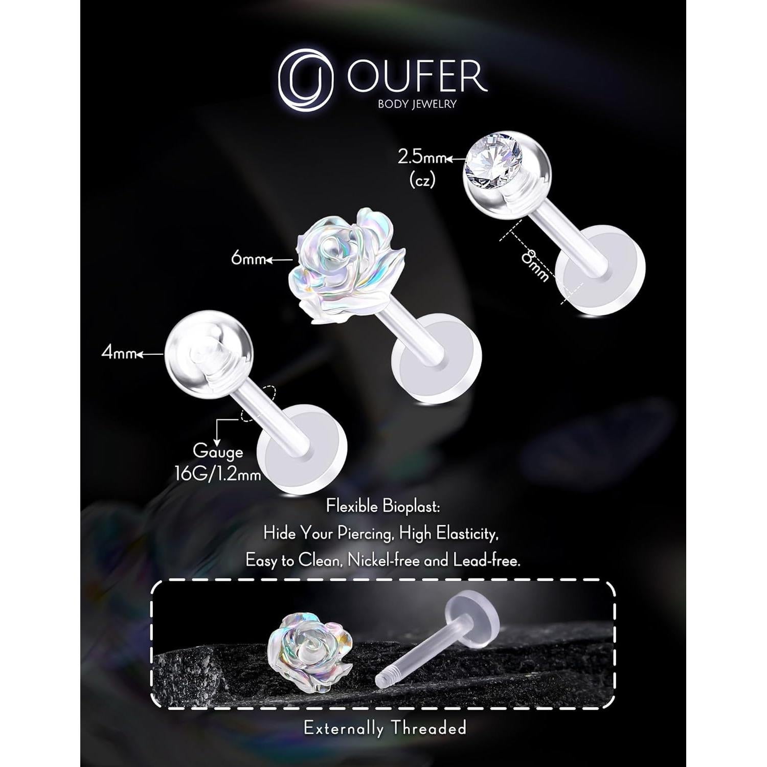 Pendientes de Piercing Helix OUFER 16G Bioflex Transparentes 3PCS