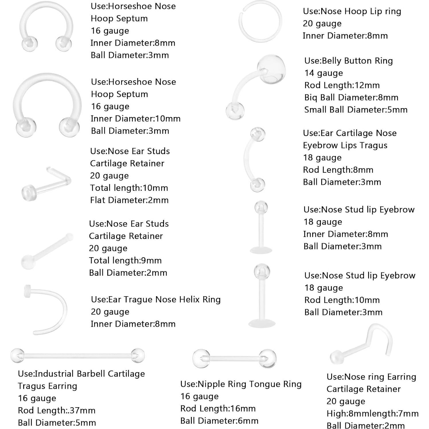 48 Anillos Nasales Transparentes Yolev para Piercing Acrílico