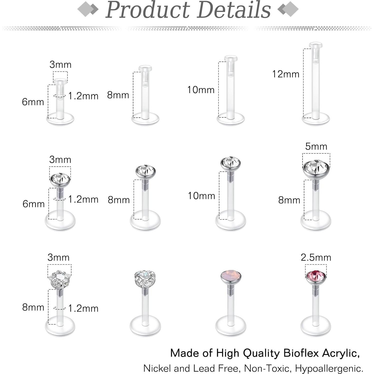 Aros de Labio Transparentes JFORYOU 16G 24Pcs 6-12mm