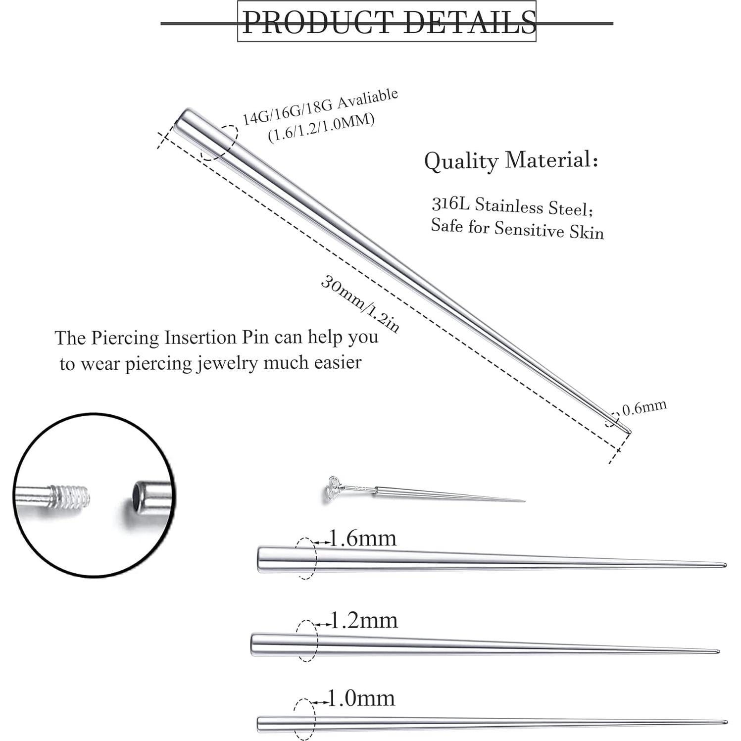 Kit de Piercing Besteel 3 Pcs Acero Quirúrgico 14G 16G 18G