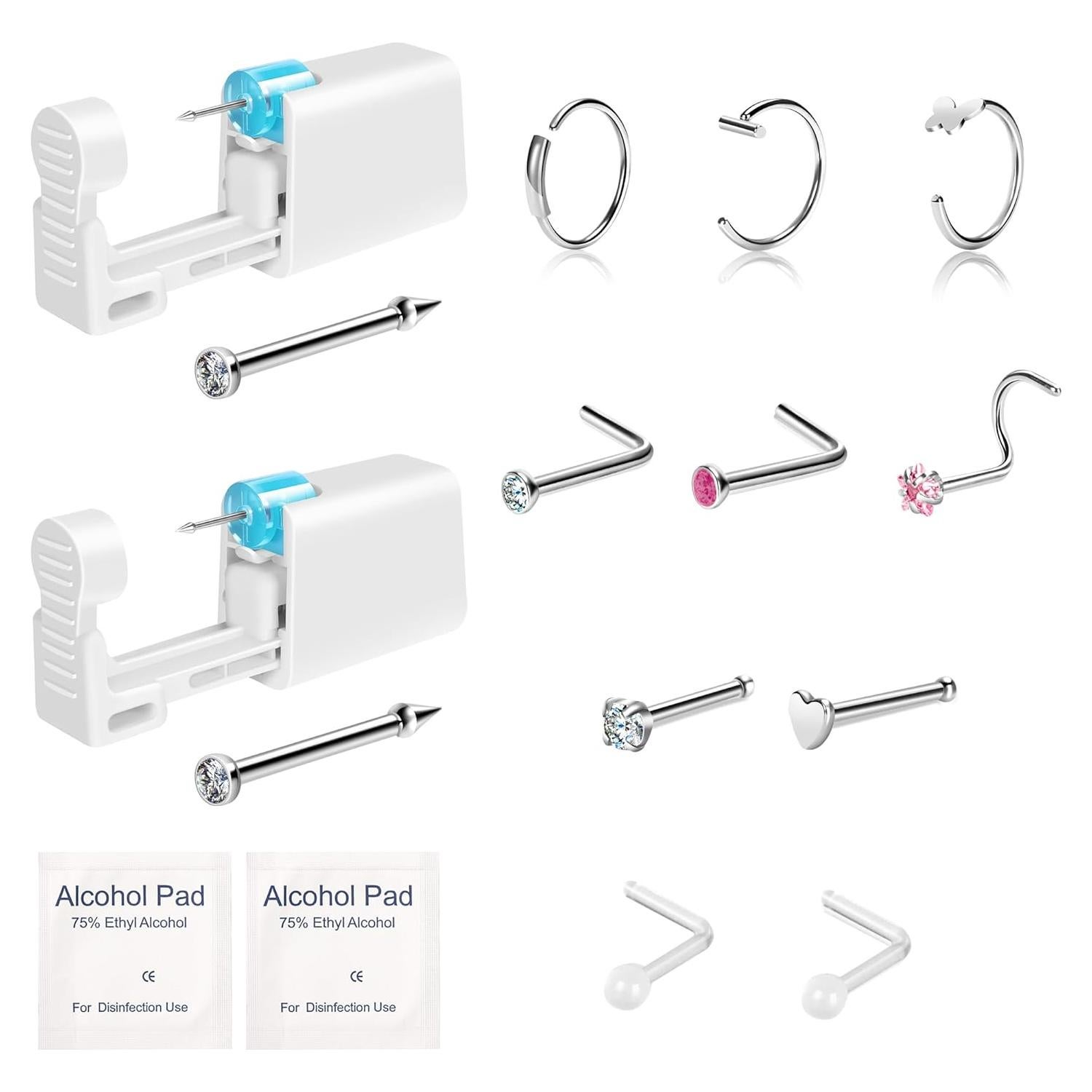 Kit de Perforación de Nariz Desechable 2 Pistolas + 8 Studs Hipoalergénicos
