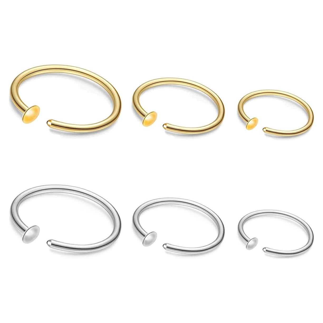 Set de 6 Aros de Nariz Oro 22G Acero Quirúrgico 6-8mm