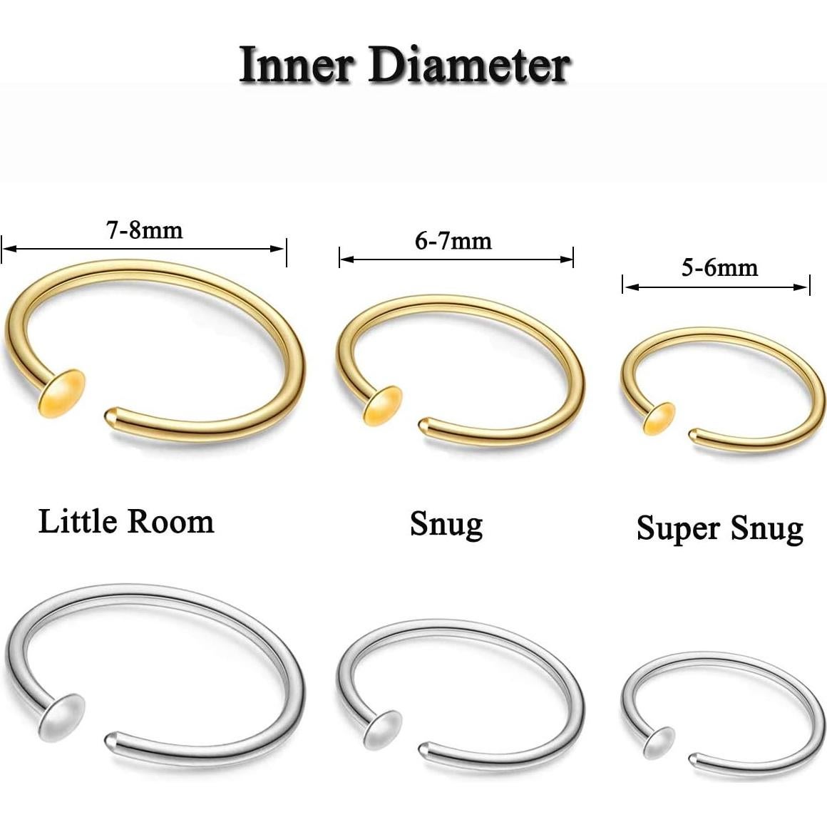 Set de 6 Aros de Nariz Oro 22G Acero Quirúrgico 6-8mm