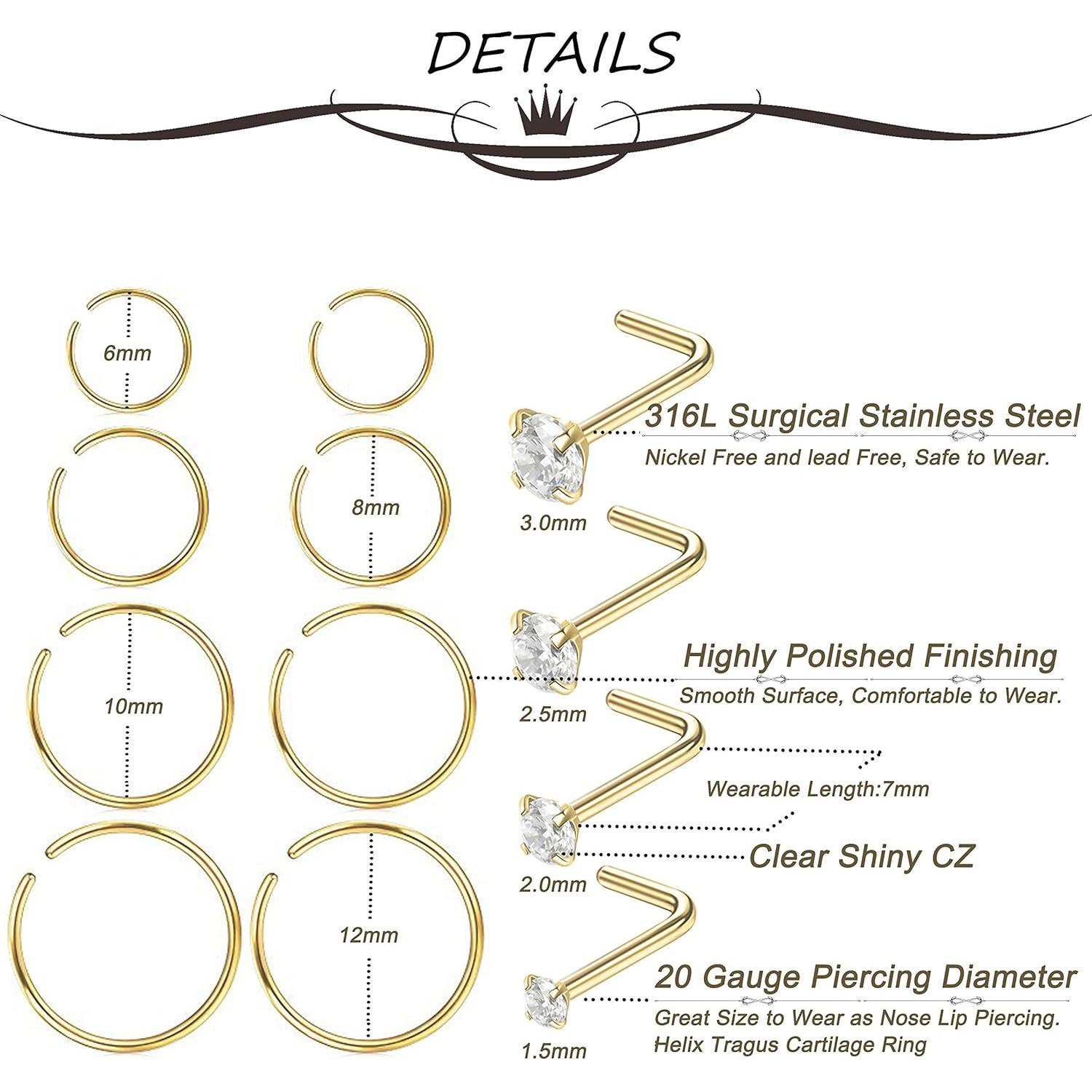 Anillos de Nariz 12 Pcs Masedy Acero Inoxidable 20G 6-12 mm