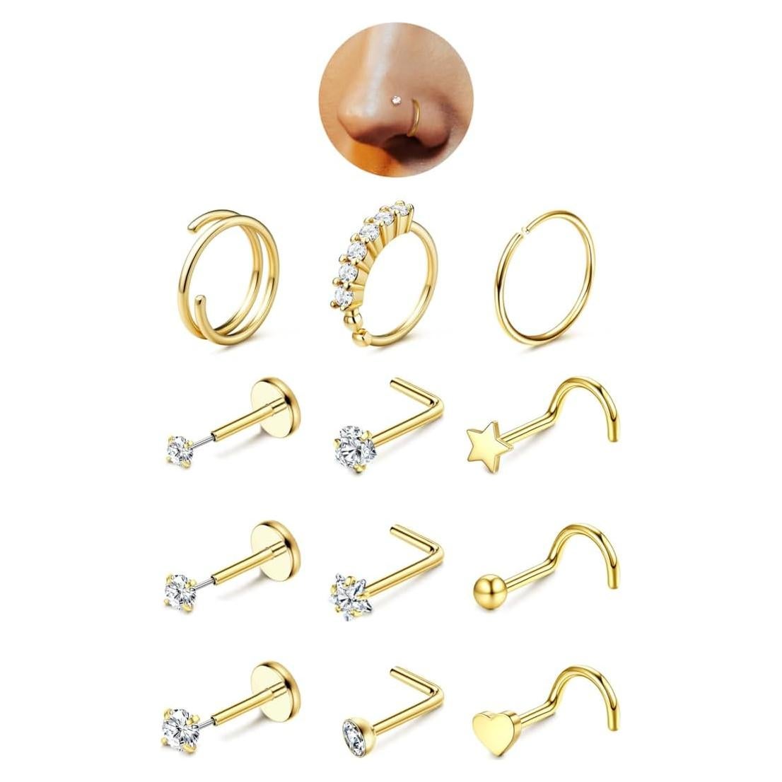 Anillos de Nariz JeryWe Oro 14K Hipoalergénico 20G - 12 Piezas