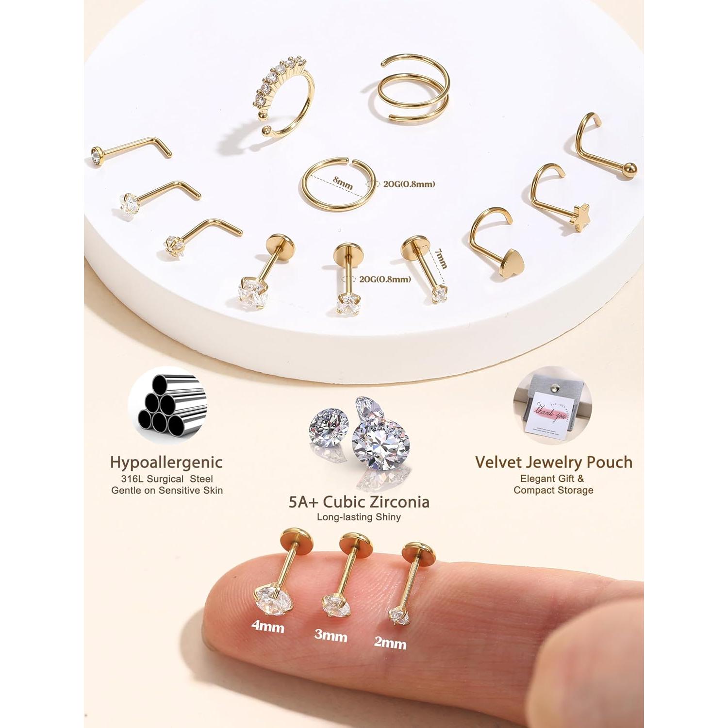 Anillos de Nariz JeryWe Oro 14K Hipoalergénico 20G - 12 Piezas