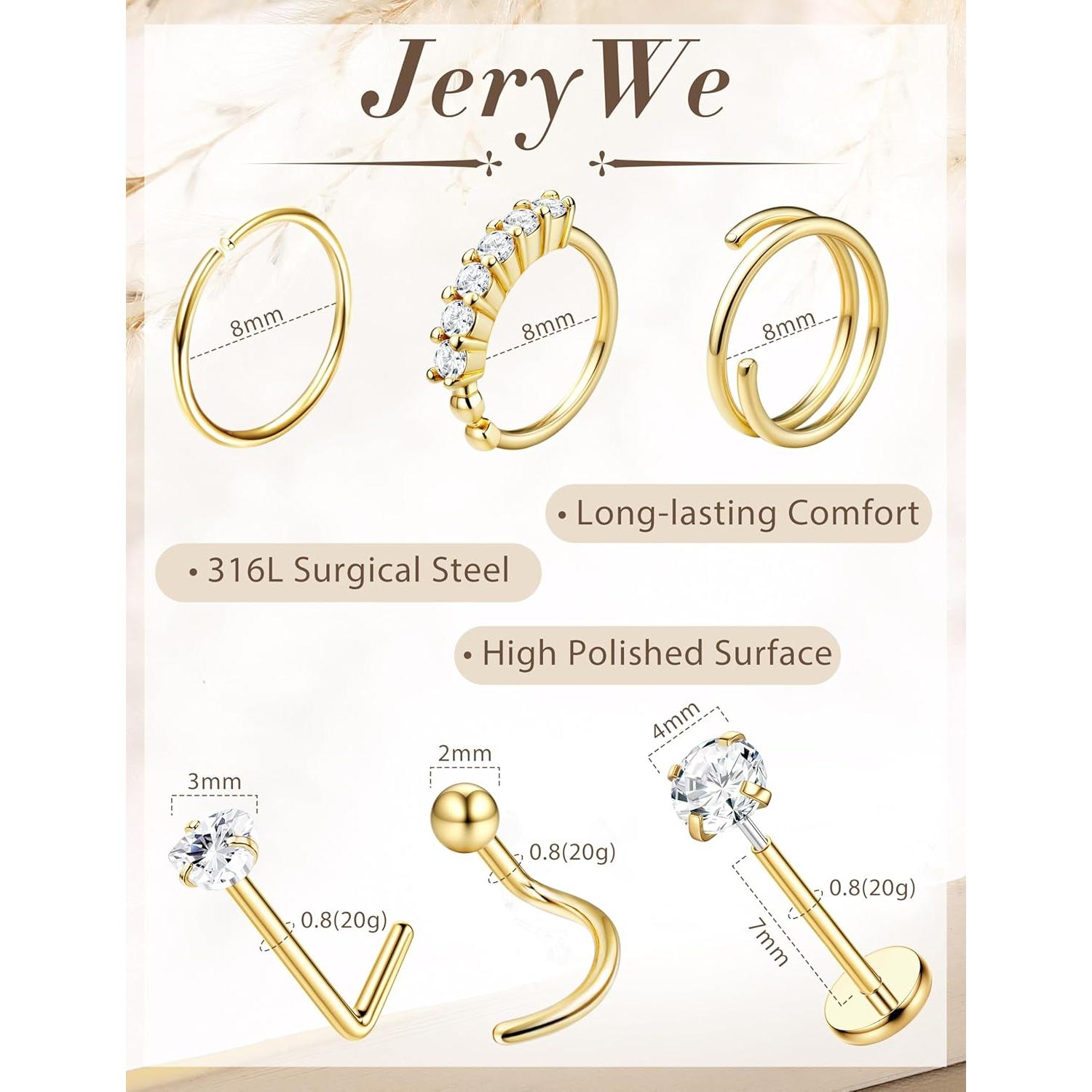 Anillos de Nariz JeryWe Oro 14K Hipoalergénico 20G - 12 Piezas
