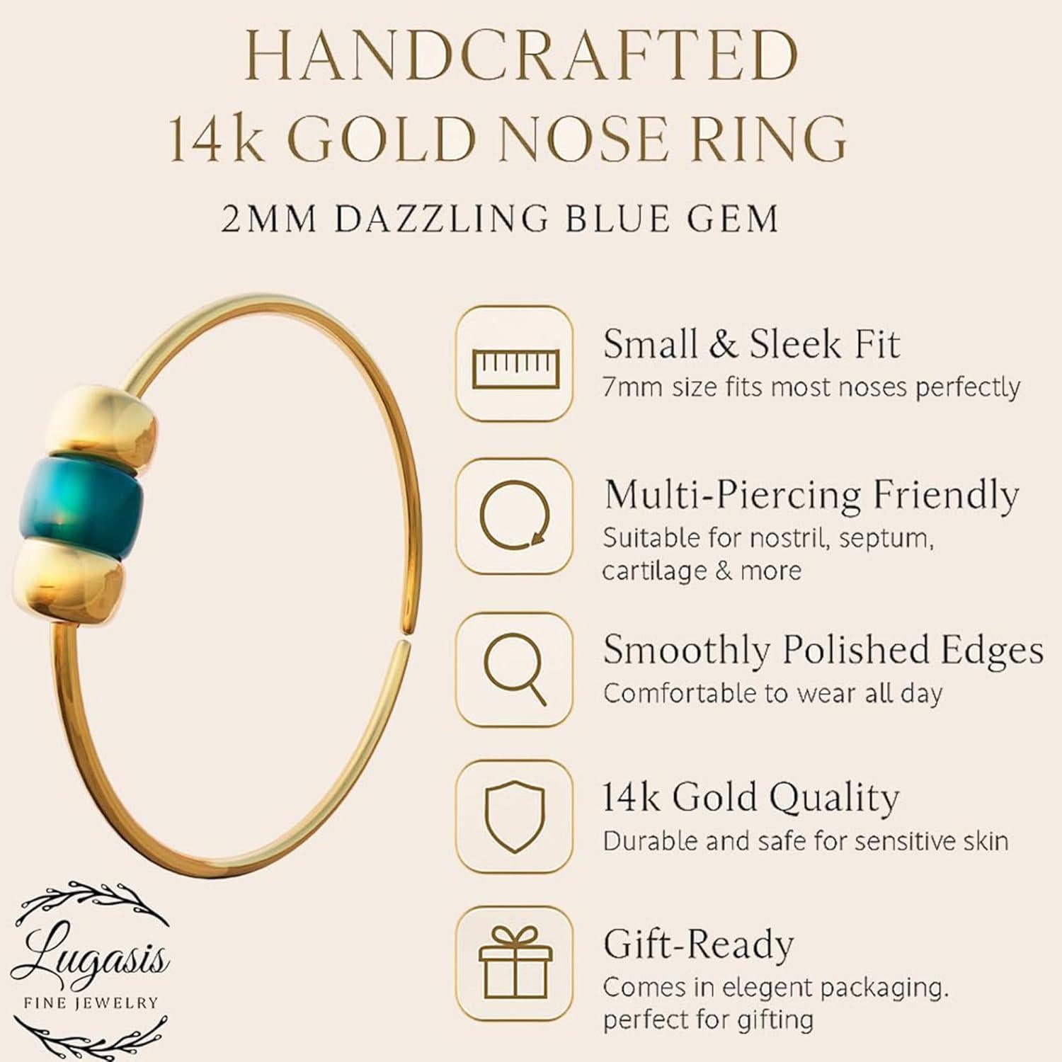 Anillo de Nariz de Oro 14k con Gema Azul 7mm - Joyería Hecha a Mano