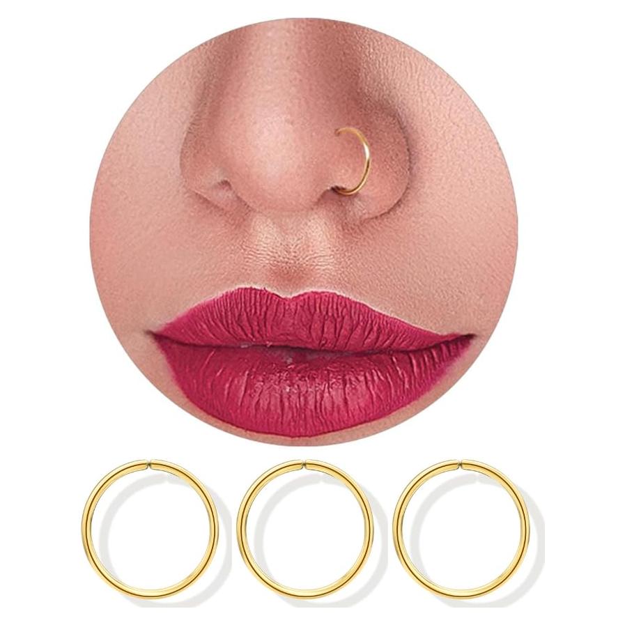 Aros de Nariz de Oro 14K para Mujeres 8mm 22G - 3 Piezas